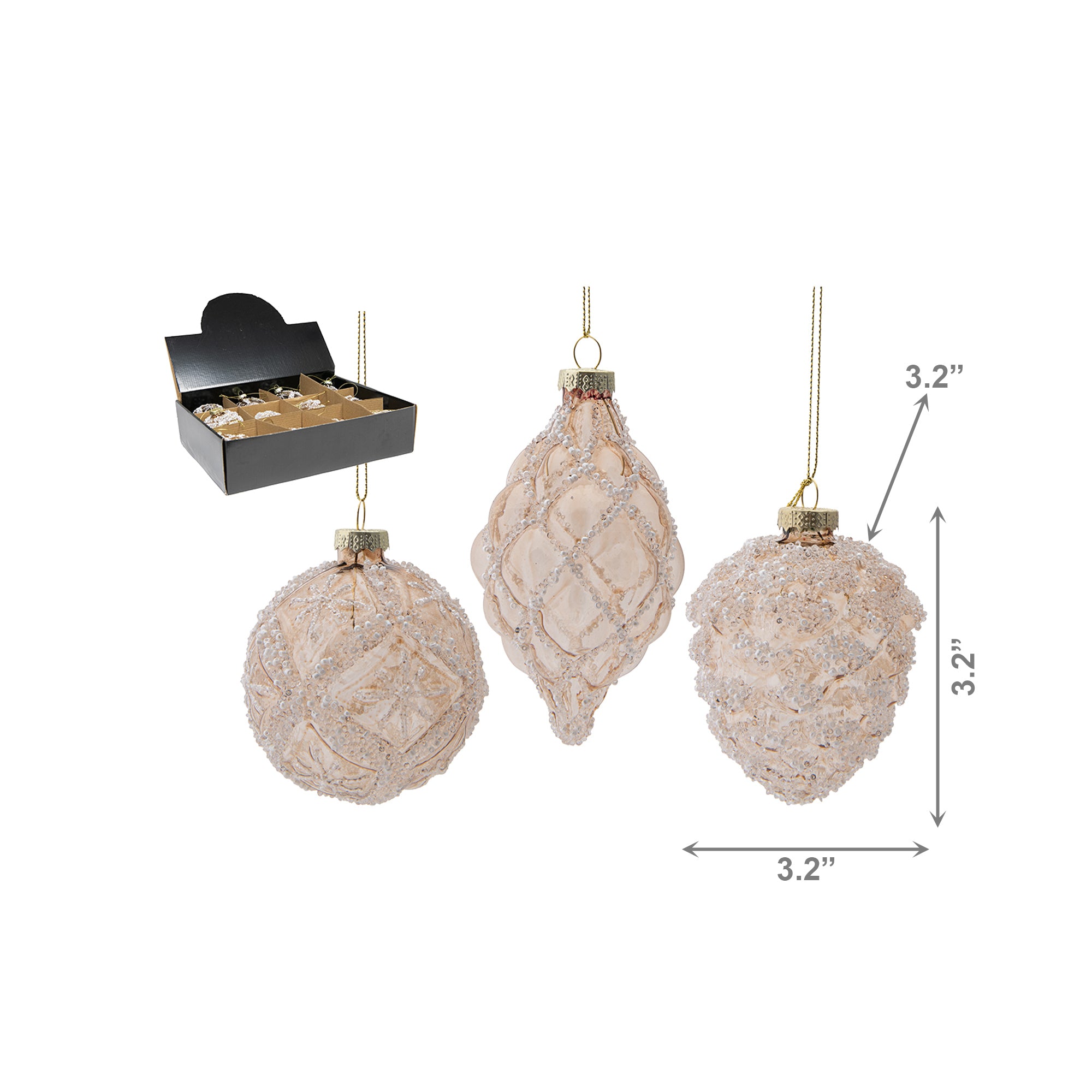 Glass Ornament with Beads Champagne Assorted, Ornament, Holiday Decor- Set of 12
