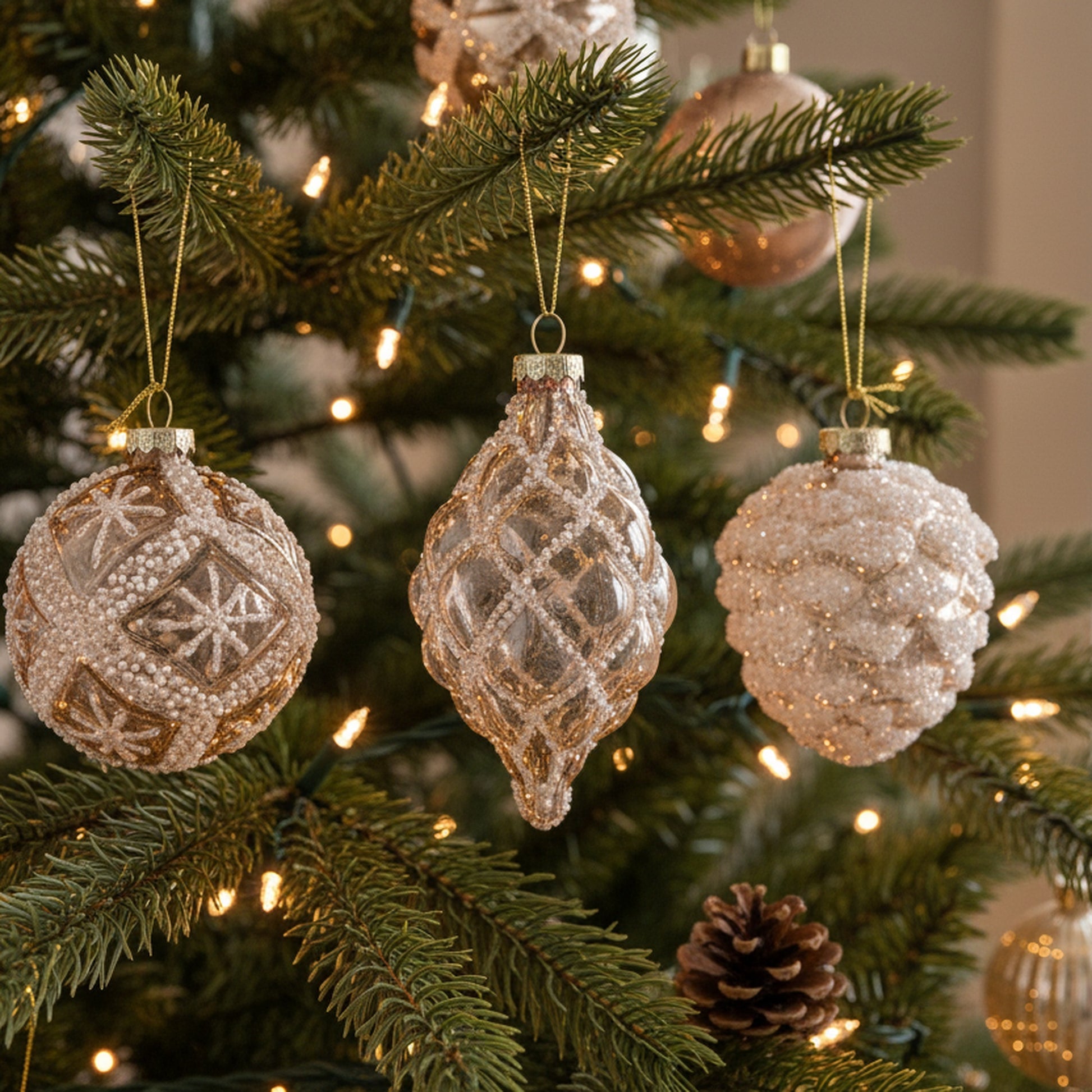 Glass Ornament with Beads Champagne Assorted, Ornament, Holiday Decor- Set of 12