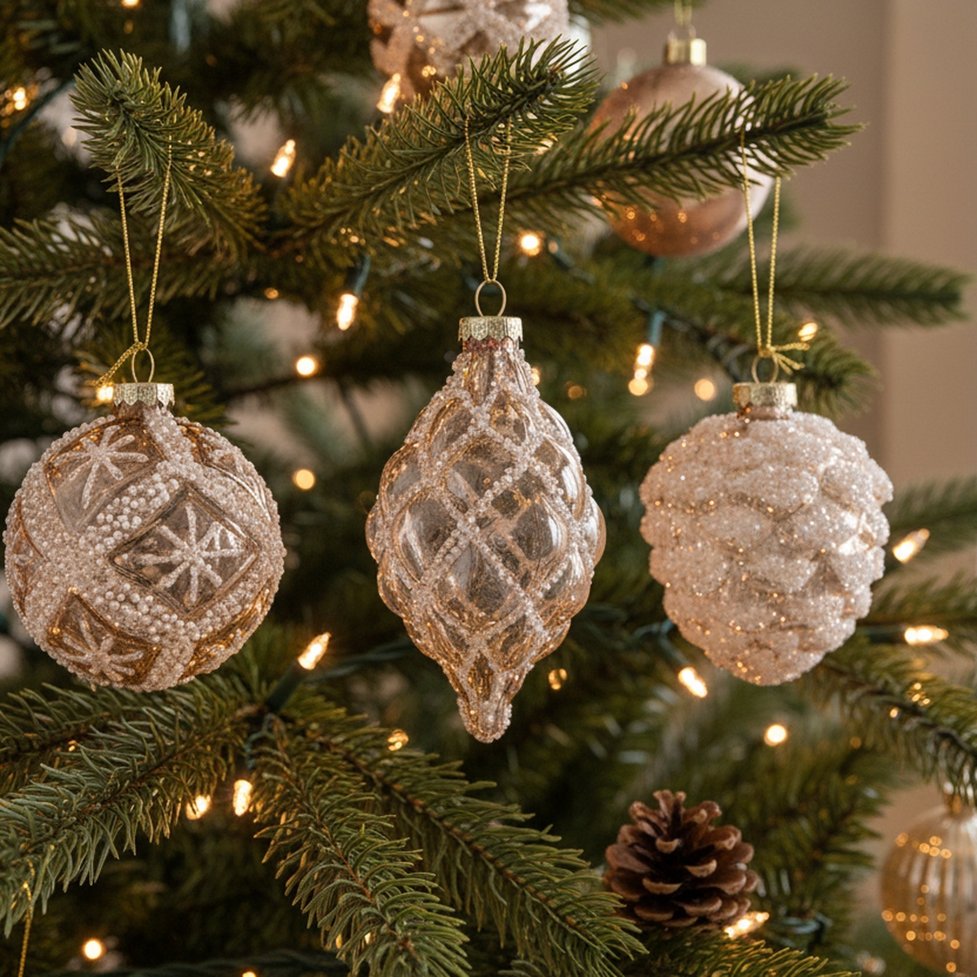 Glass Ornament with Beads Champagne Assorted, Ornament, Holiday Decor- Set of 12