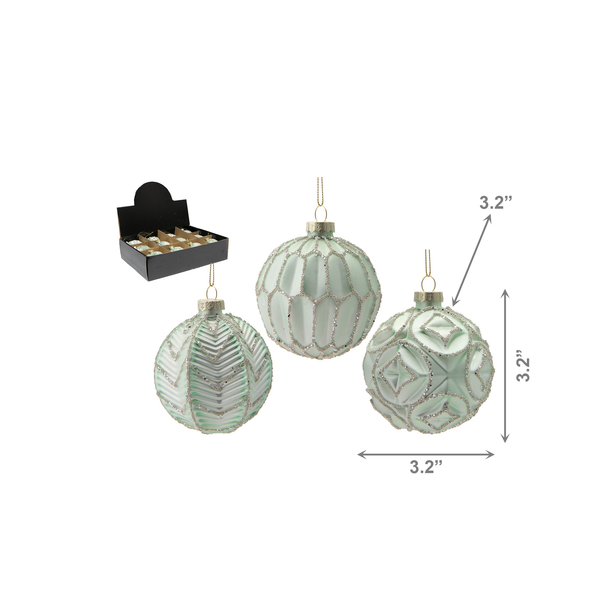 Glass Ornament with Silver Glitter Green Assorted, Ornament, Holiday Decor- Set of 12