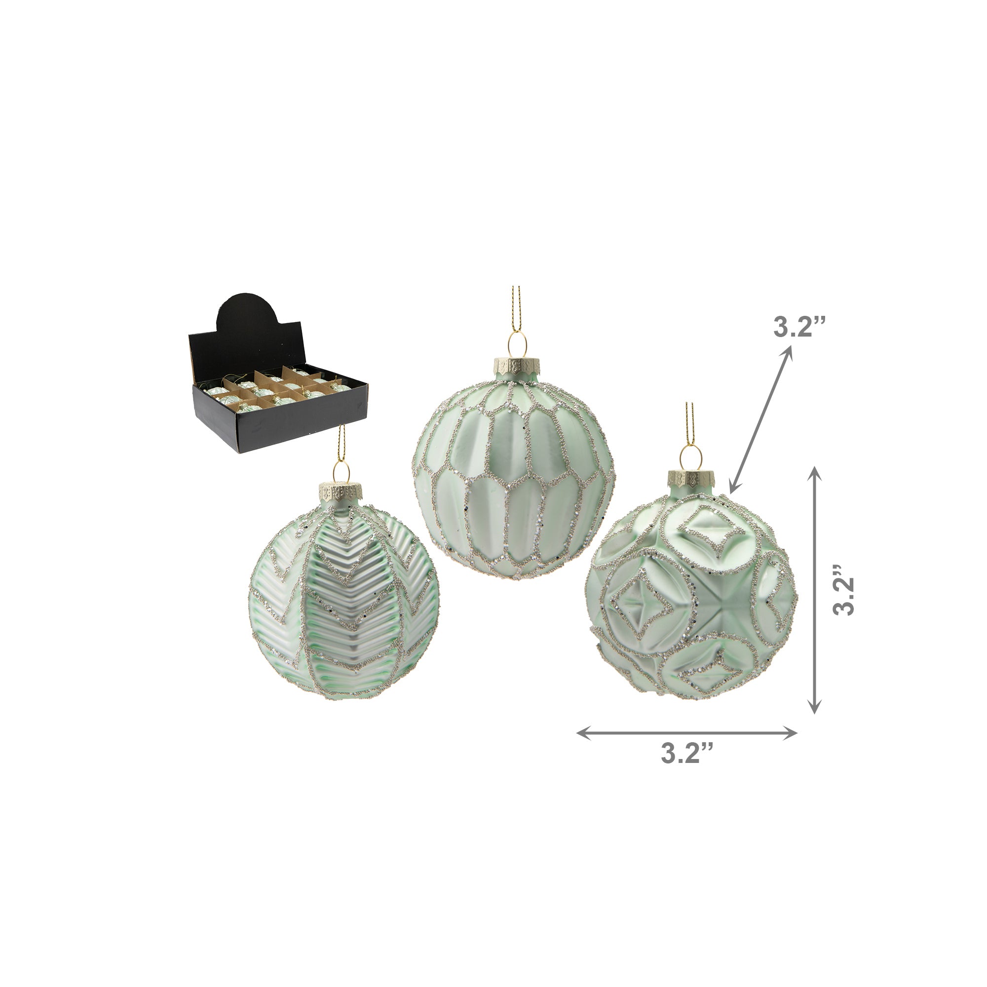 Glass Ornament with Silver Glitter Green Assorted, Ornament, Holiday Decor- Set of 12