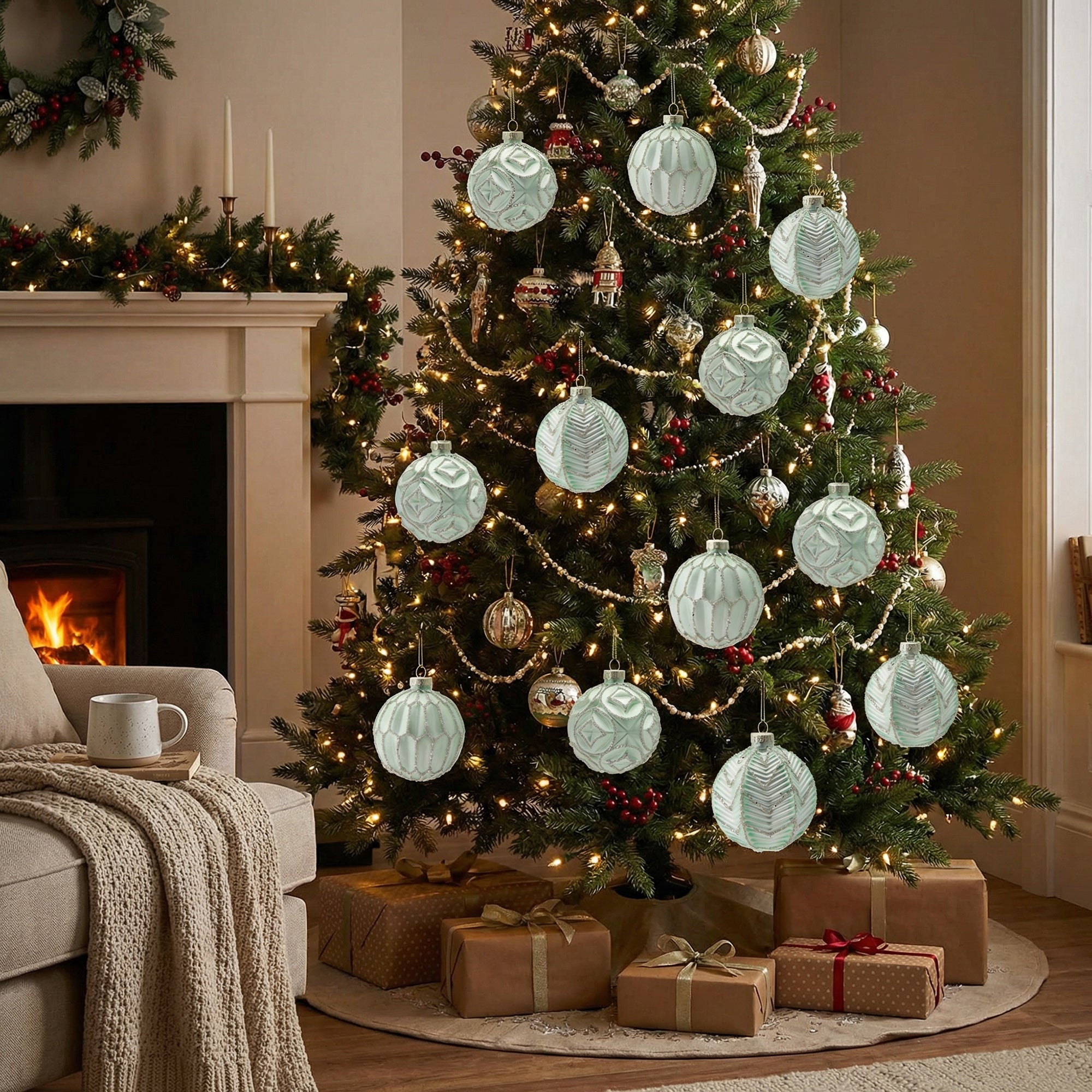 Glass Ornament with Silver Glitter Green Assorted, Ornament, Holiday Decor- Set of 12