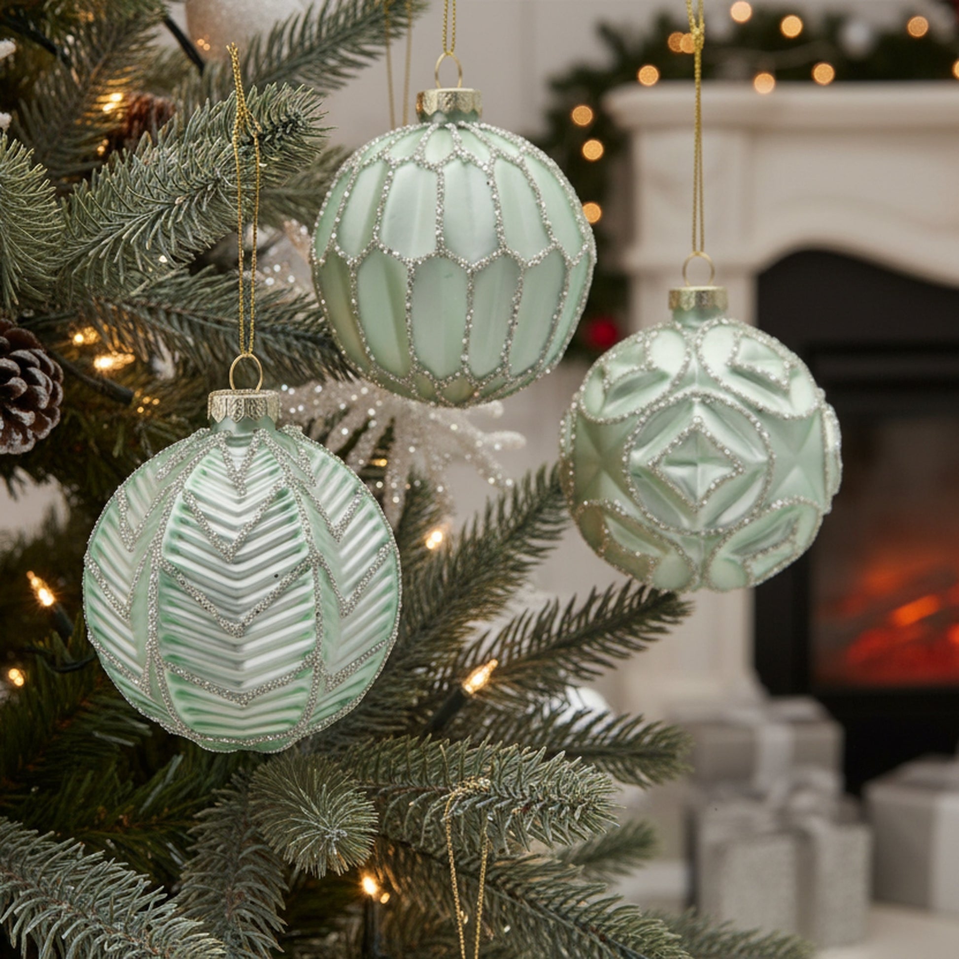 Glass Ornament with Silver Glitter Green Assorted, Ornament, Holiday Decor- Set of 12