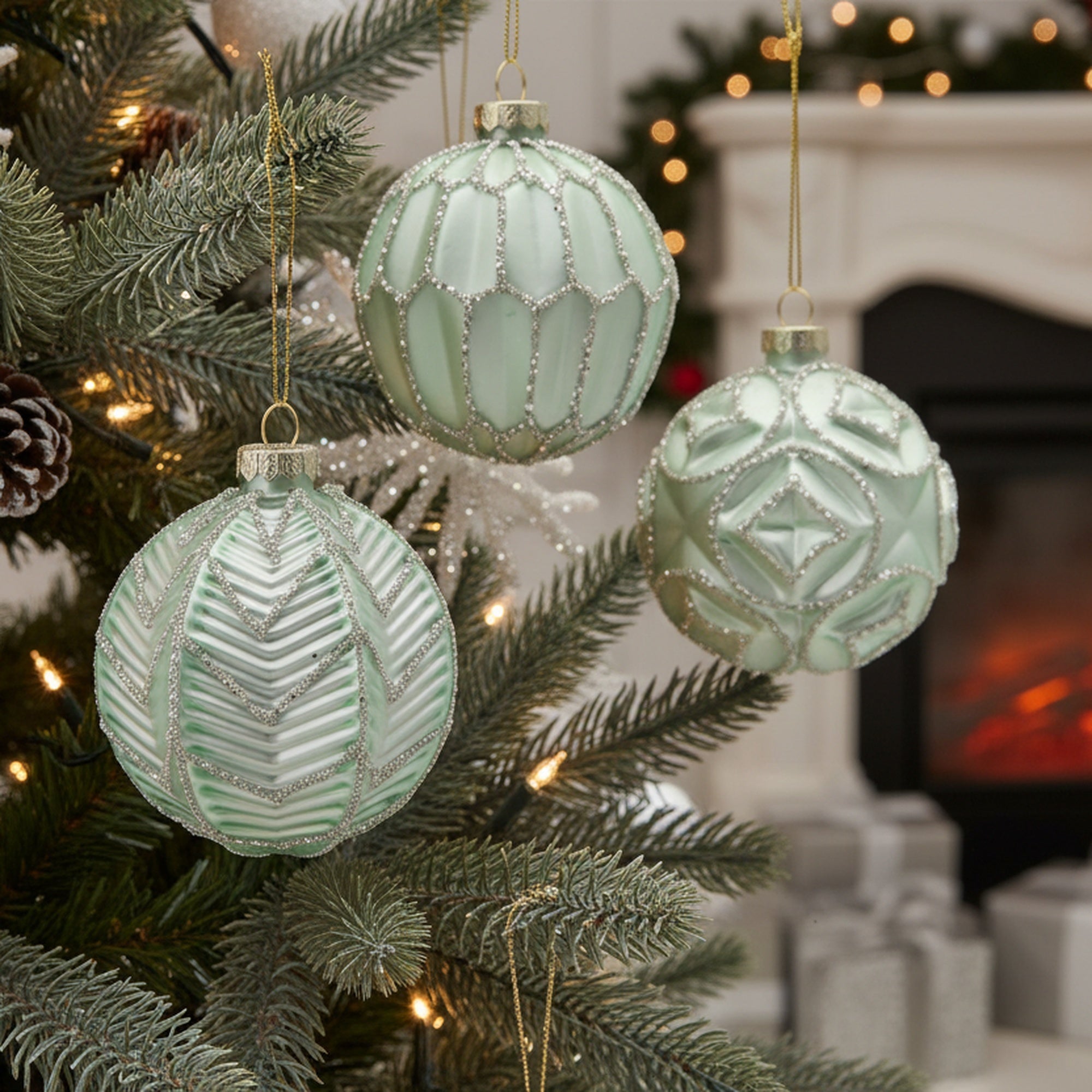 Glass Ornament with Silver Glitter Green Assorted, Ornament, Holiday Decor- Set of 12