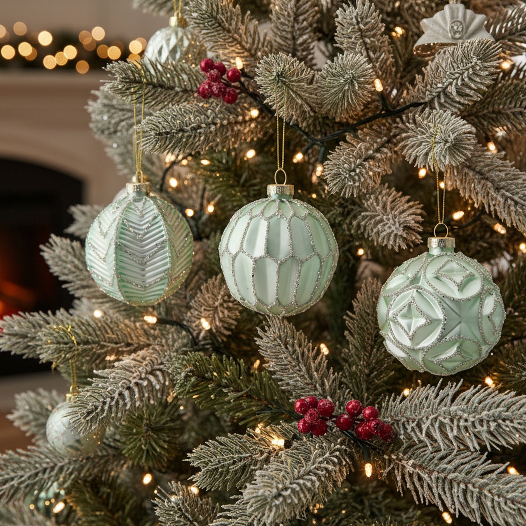 Glass Ornament with Silver Glitter Green Assorted, Ornament, Holiday Decor- Set of 12
