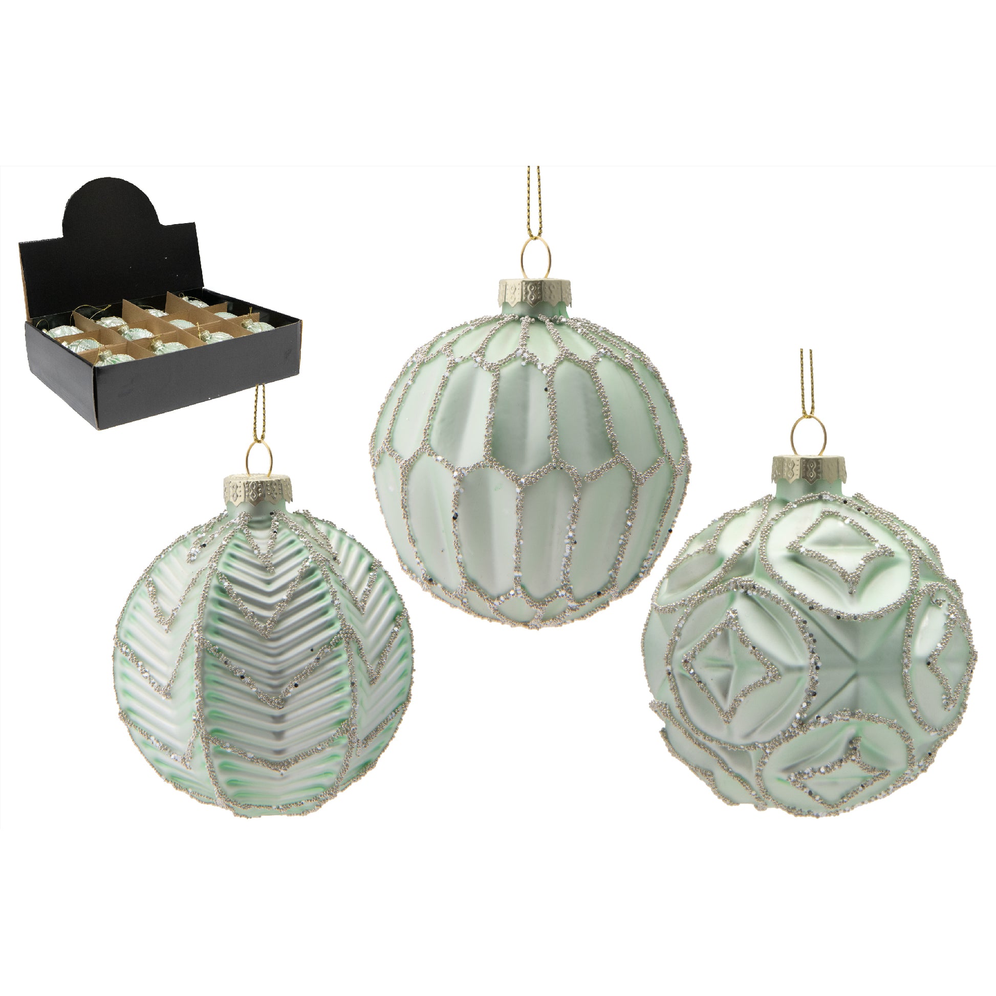 Glass Ornament with Silver Glitter Green Assorted, Ornament, Holiday Decor- Set of 12