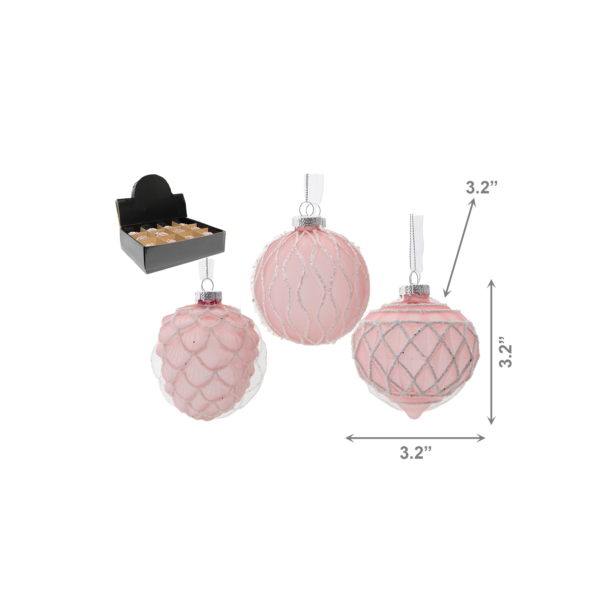 Glass Ornament with Silver Glitter Pink Assorted, Ornament, Holiday Decor- Set of 12