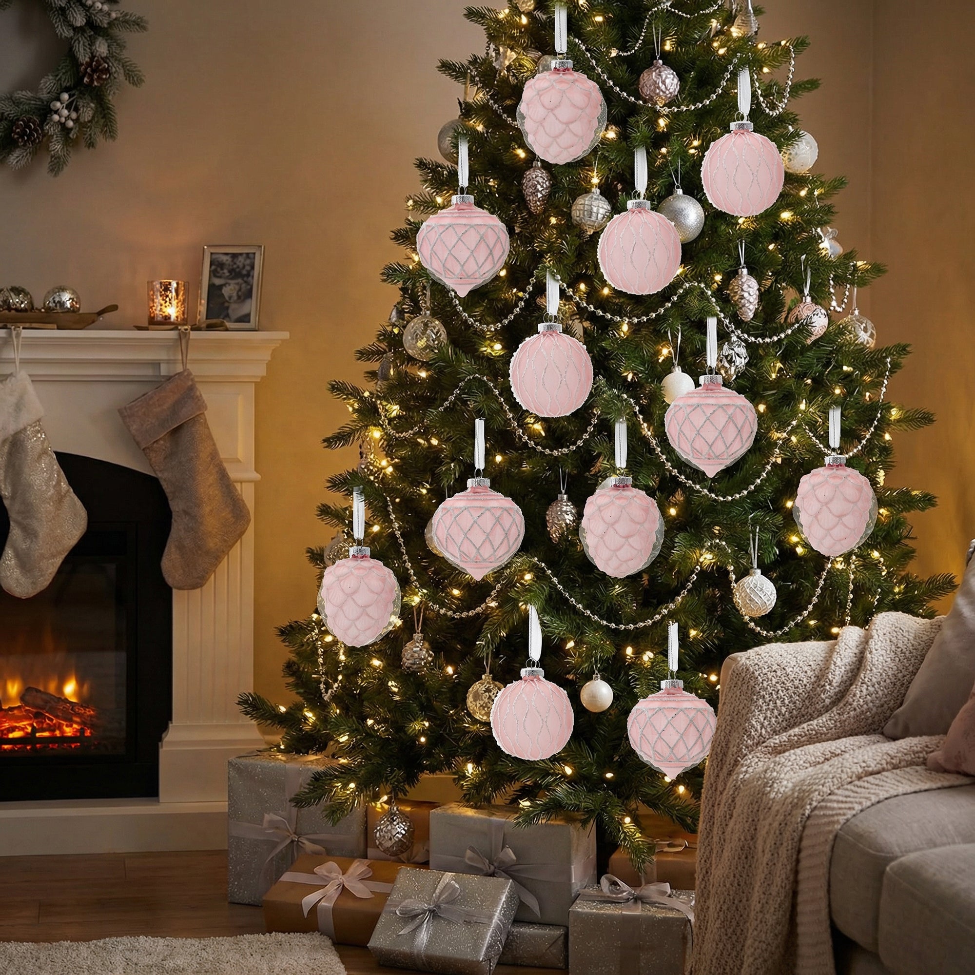 Glass Ornament with Silver Glitter Pink Assorted, Ornament, Holiday Decor- Set of 12