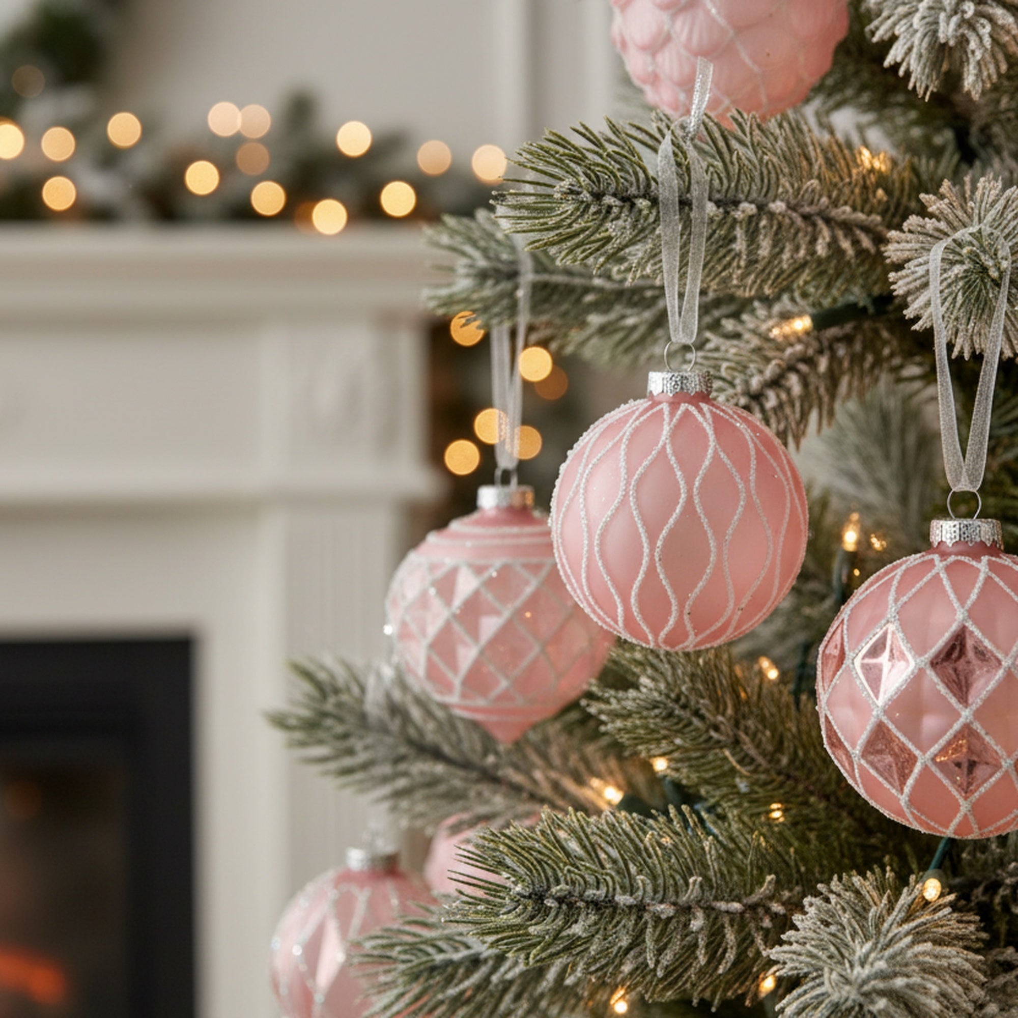 Glass Ornament with Silver Glitter Pink Assorted, Ornament, Holiday Decor- Set of 12