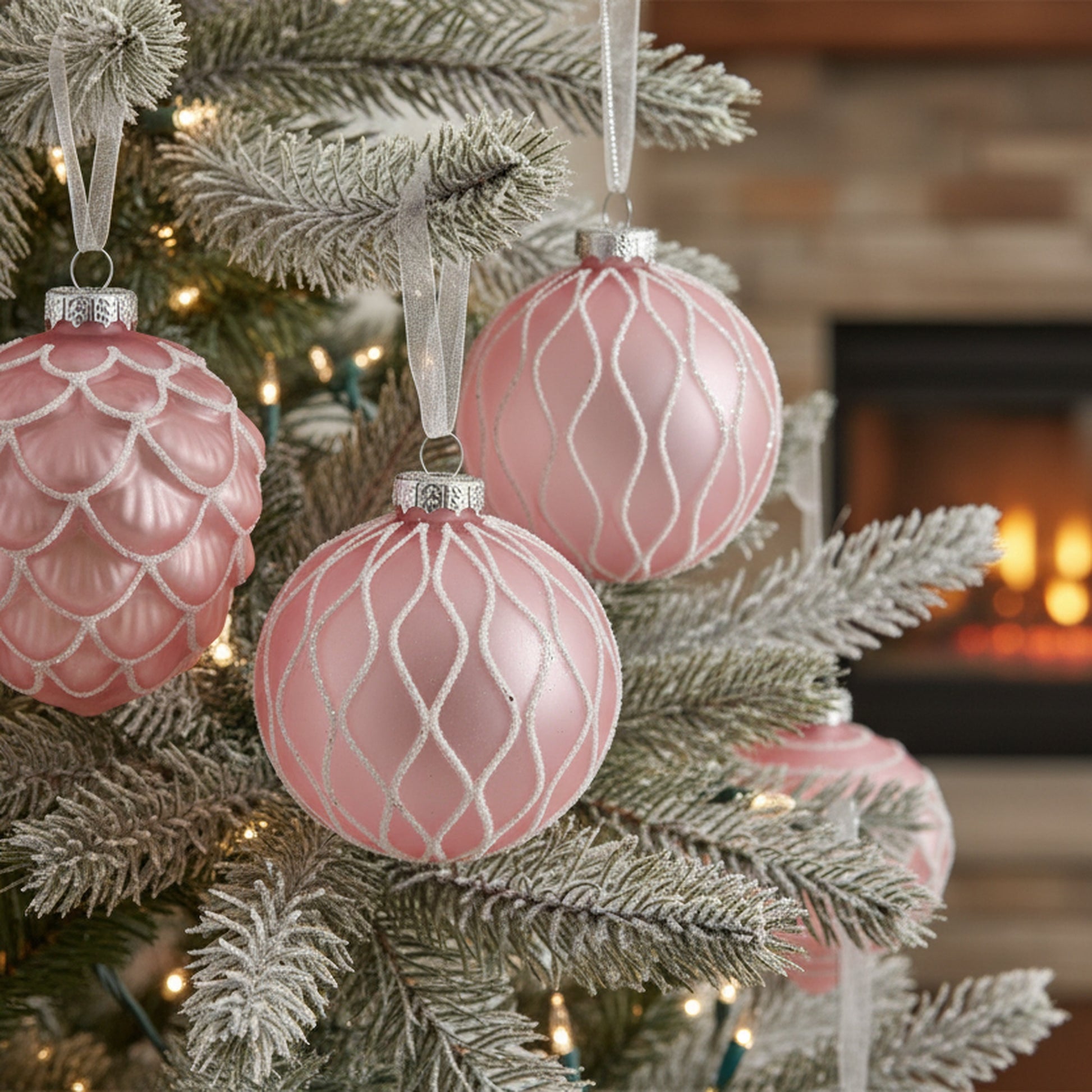 Glass Ornament with Silver Glitter Pink Assorted, Ornament, Holiday Decor- Set of 12