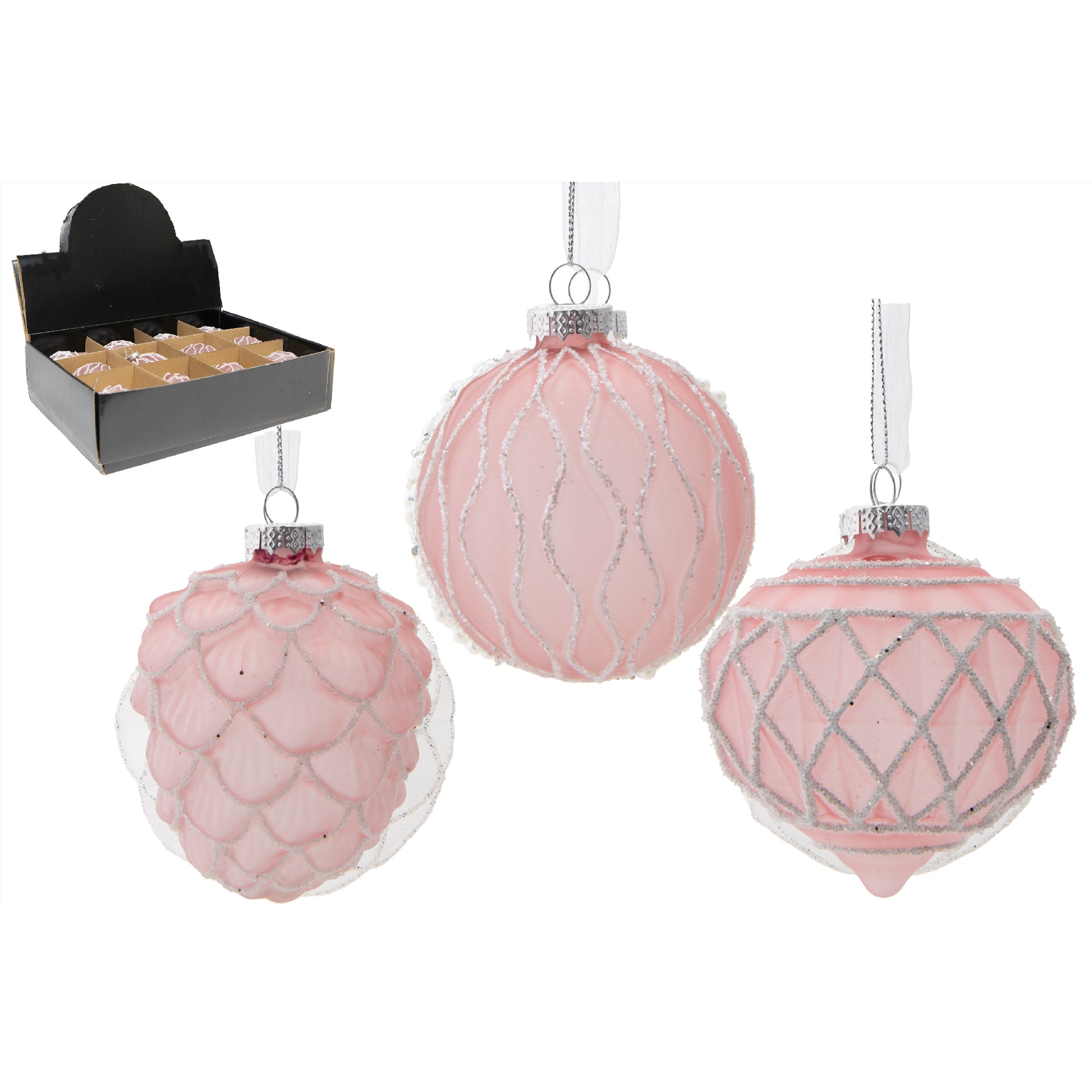 Glass Ornament with Silver Glitter Pink Assorted, Ornament, Holiday Decor- Set of 12
