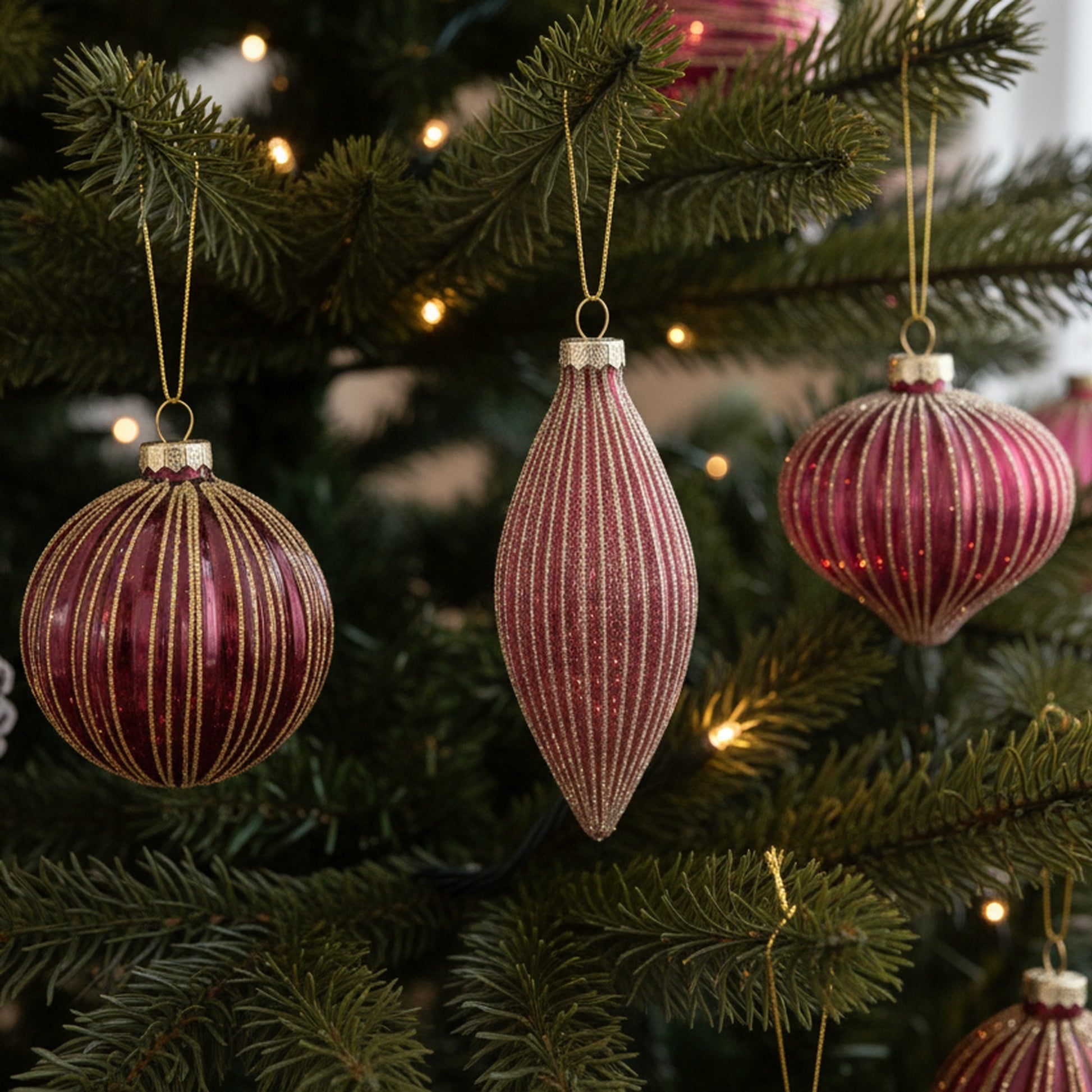 Glass Ornament with Gold Glitter Wine Red Assorted, Ornament, Holiday Decor- Set of 12