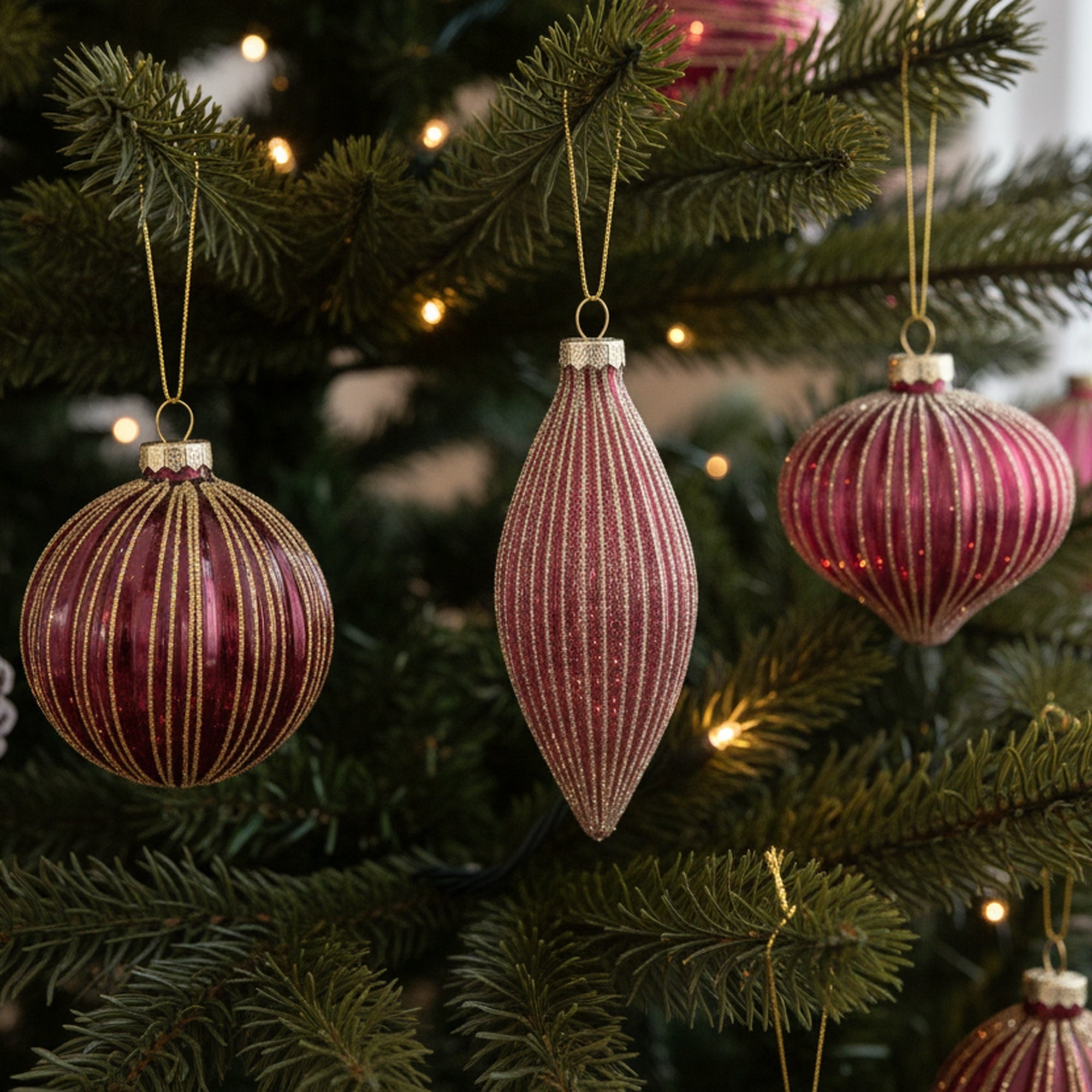 Glass Ornament with Gold Glitter Wine Red Assorted, Ornament, Holiday Decor- Set of 12