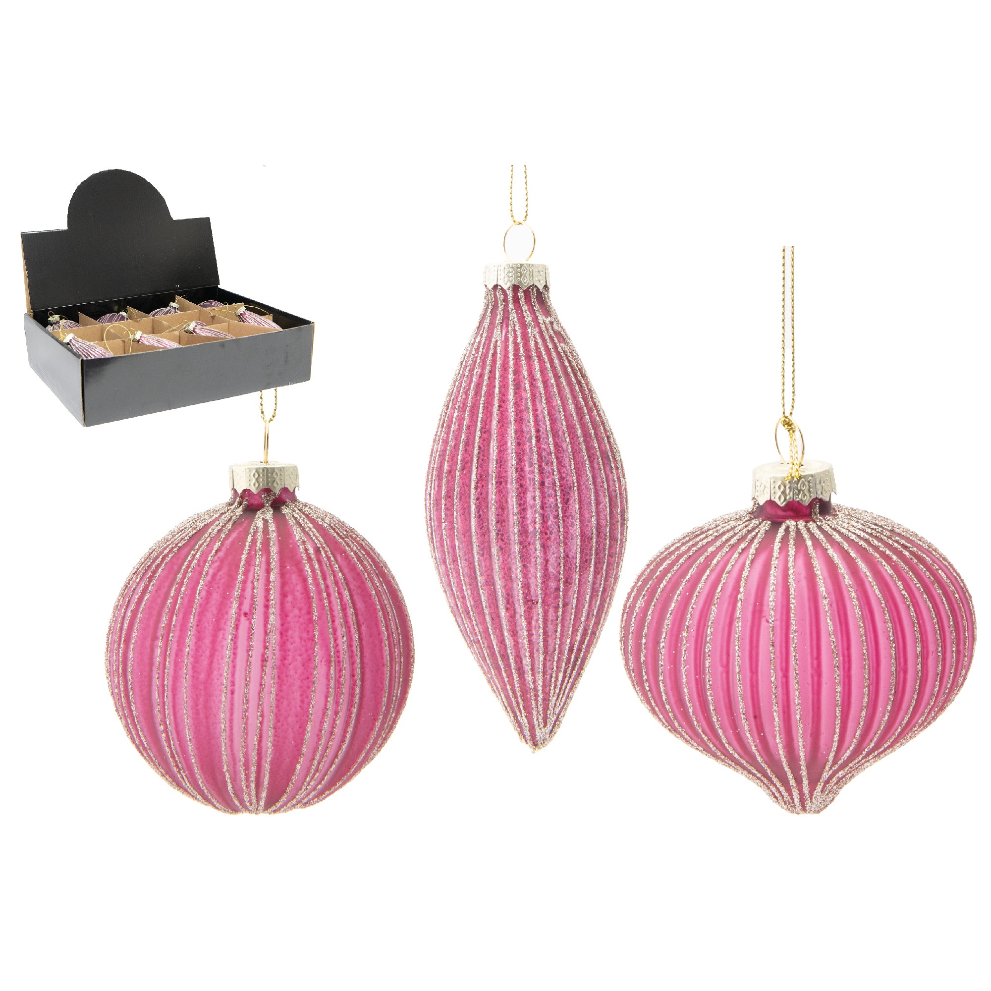 Glass Ornament with Gold Glitter Wine Red Assorted, Ornament, Holiday Decor- Set of 12