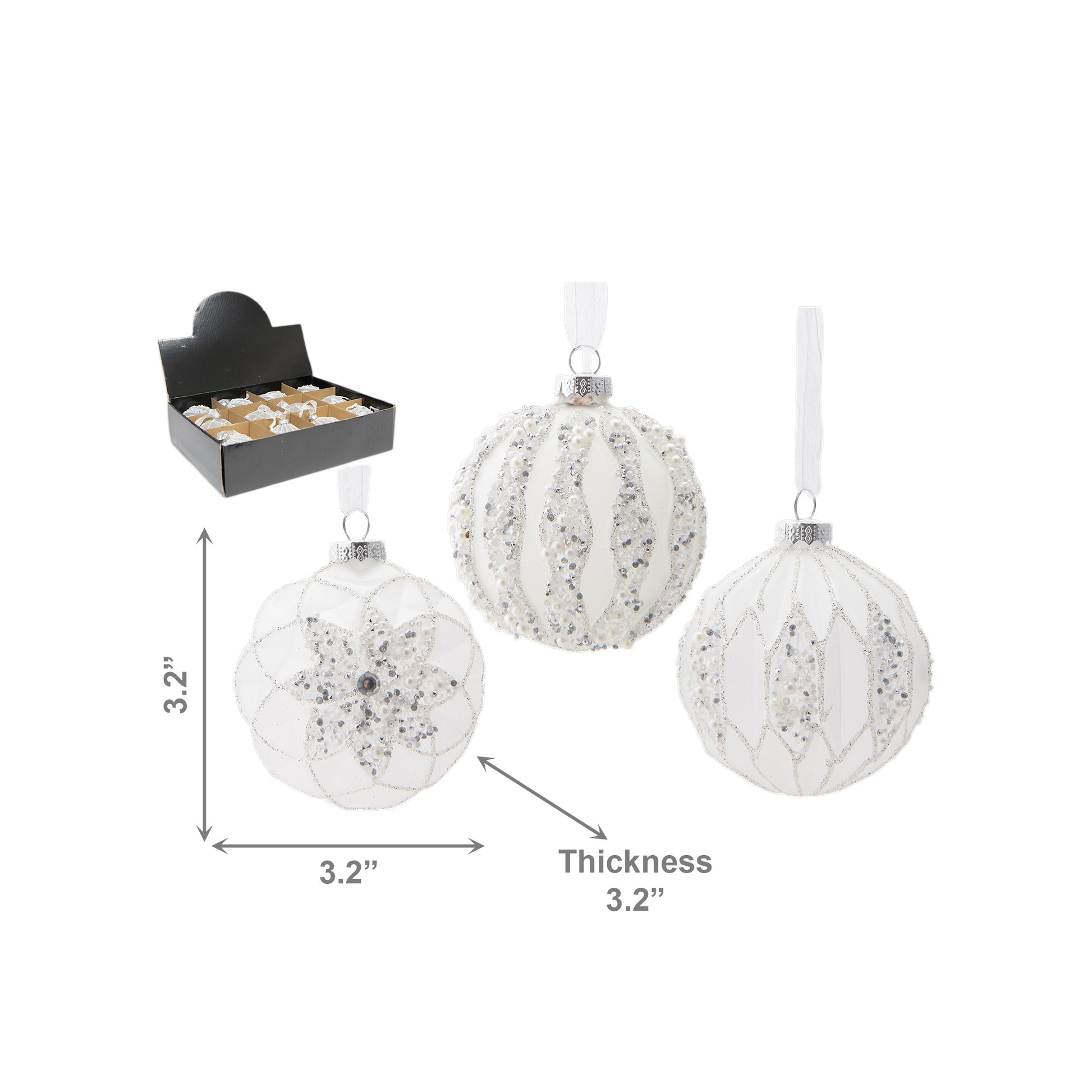 Glass Ornament with Beads White Assorted, Ornament, Holiday Decor- Set of 12
