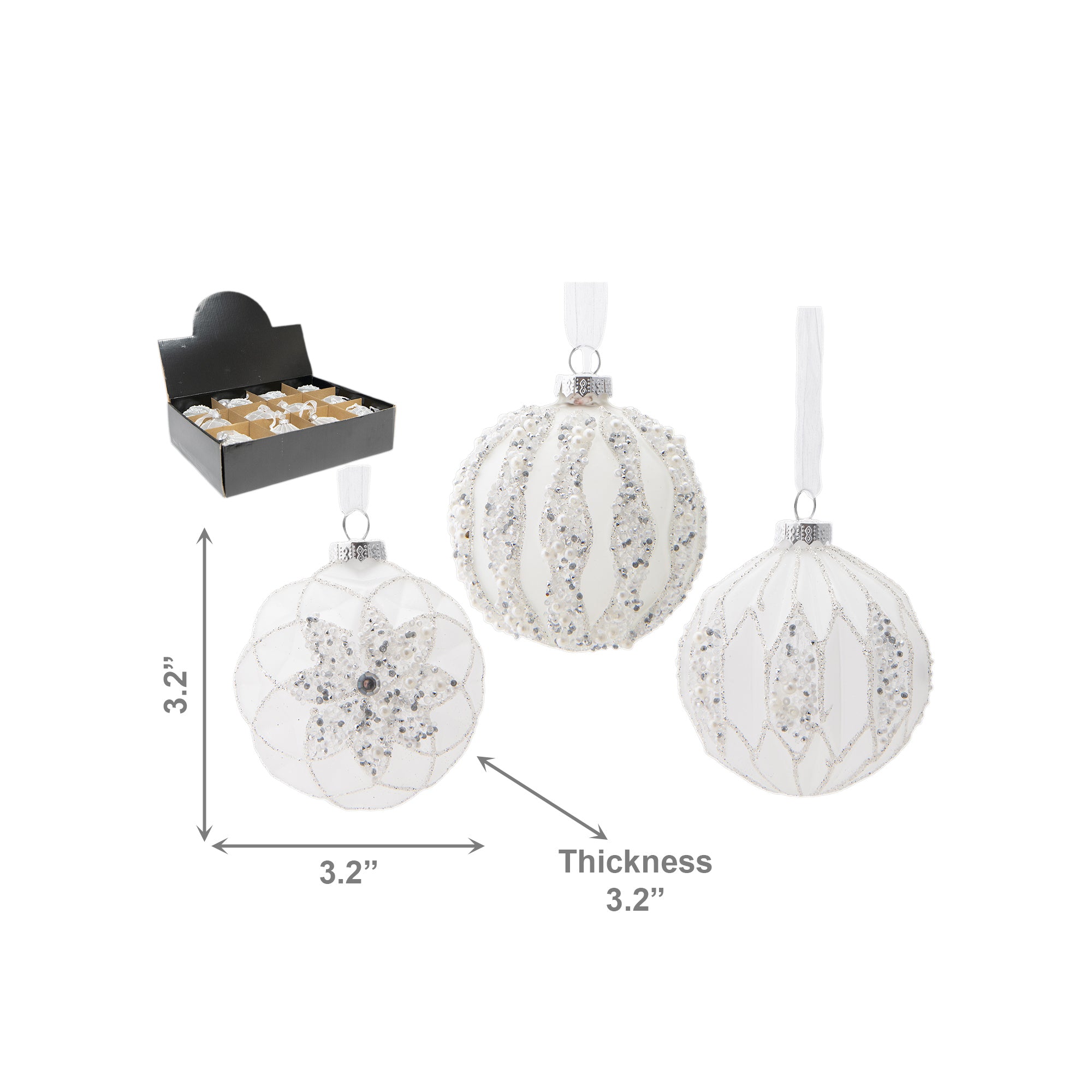 Glass Ornament with Beads White Assorted, Ornament, Holiday Decor- Set of 12