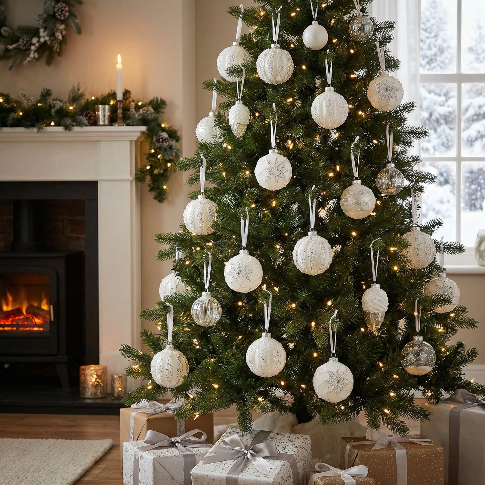 Glass Ornament with Beads White Assorted, Ornament, Holiday Decor- Set of 12