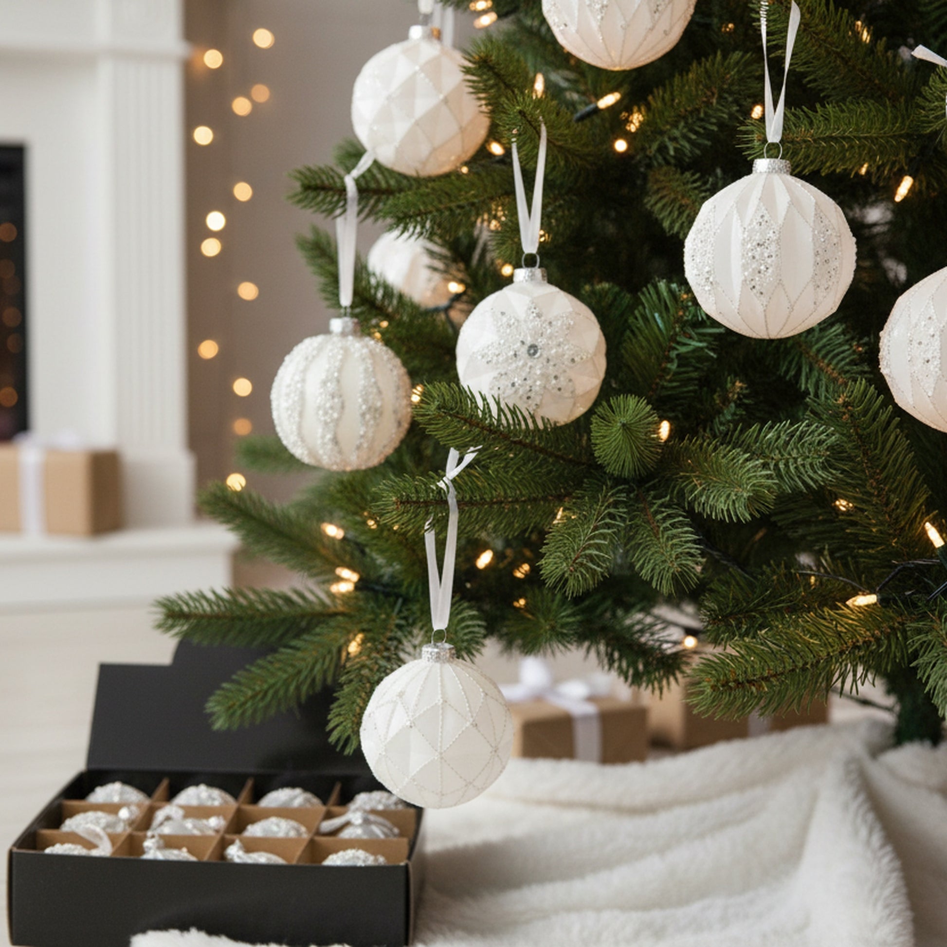 Glass Ornament with Beads White Assorted, Ornament, Holiday Decor- Set of 12