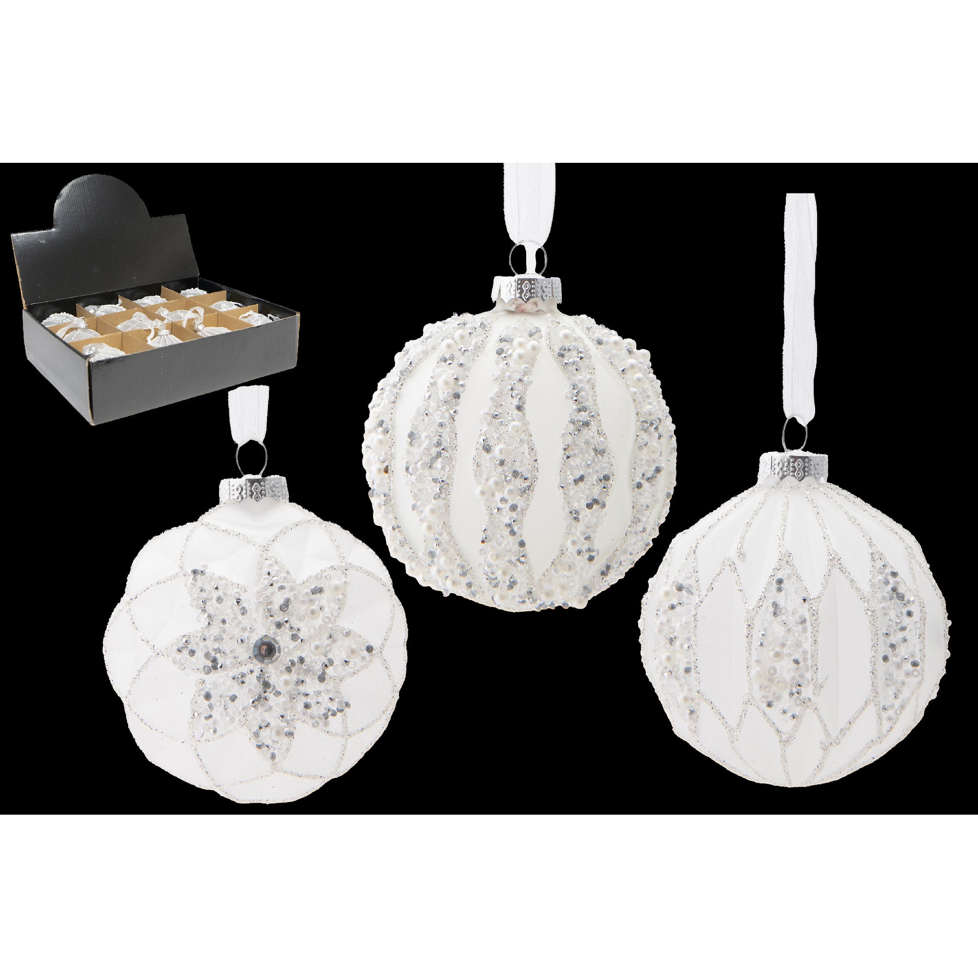 Glass Ornament with Beads White Assorted, Ornament, Holiday Decor- Set of 12