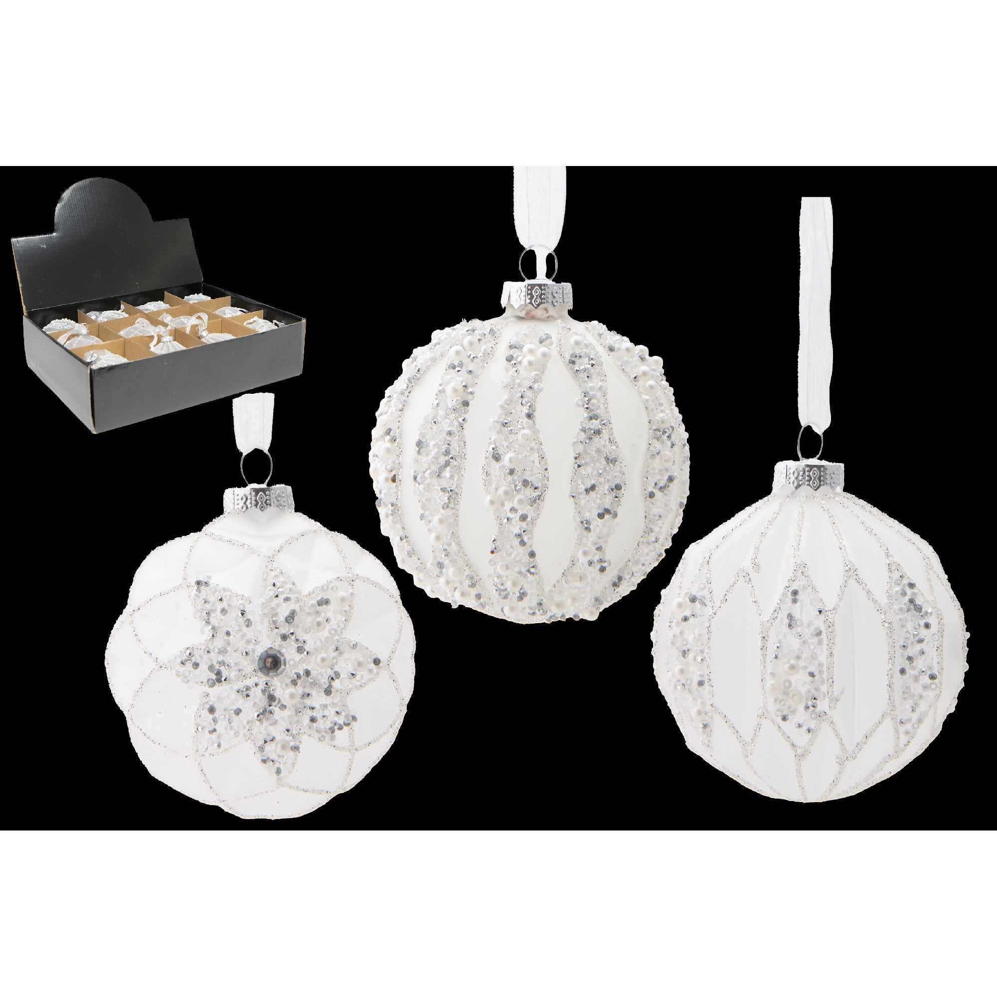 Glass Ornament with Beads White Assorted, Ornament, Holiday Decor- Set of 12