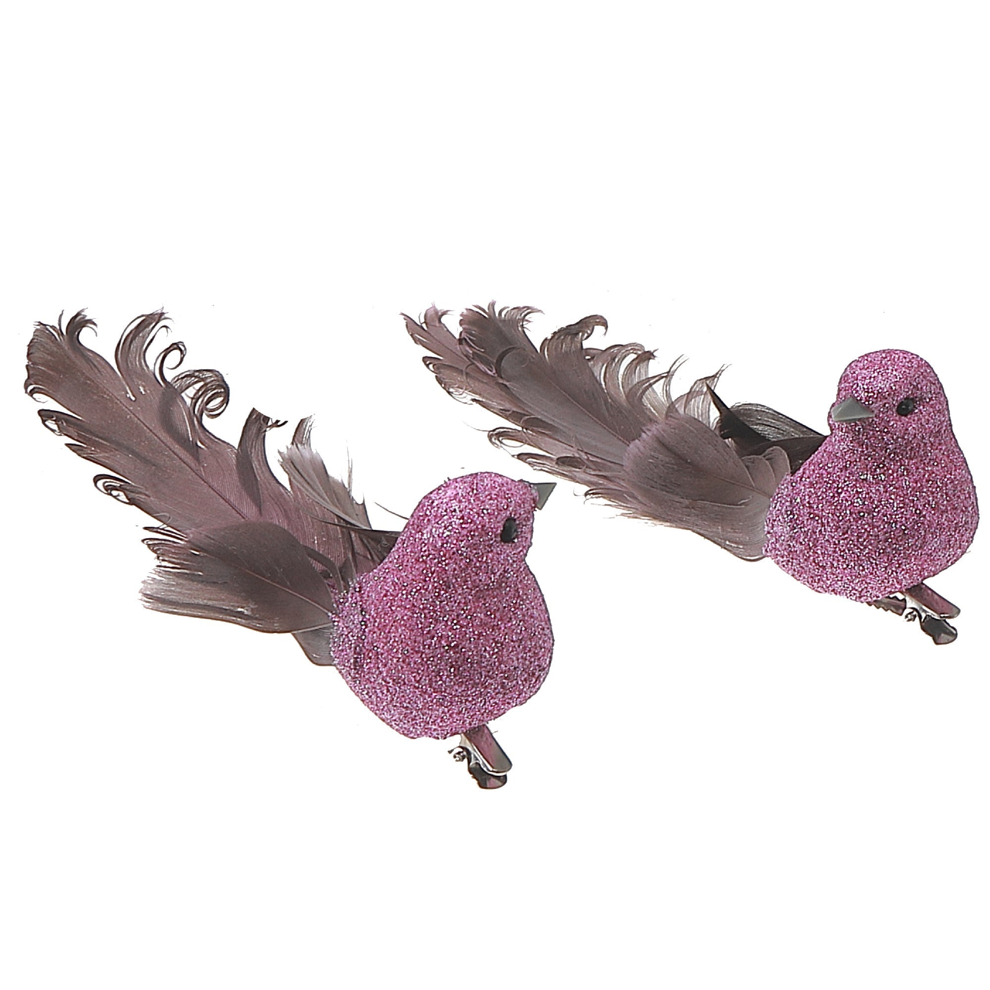 Mauve Glitter Feather Tail Bird Ornament Set of 12 – Holiday Tree Decoration