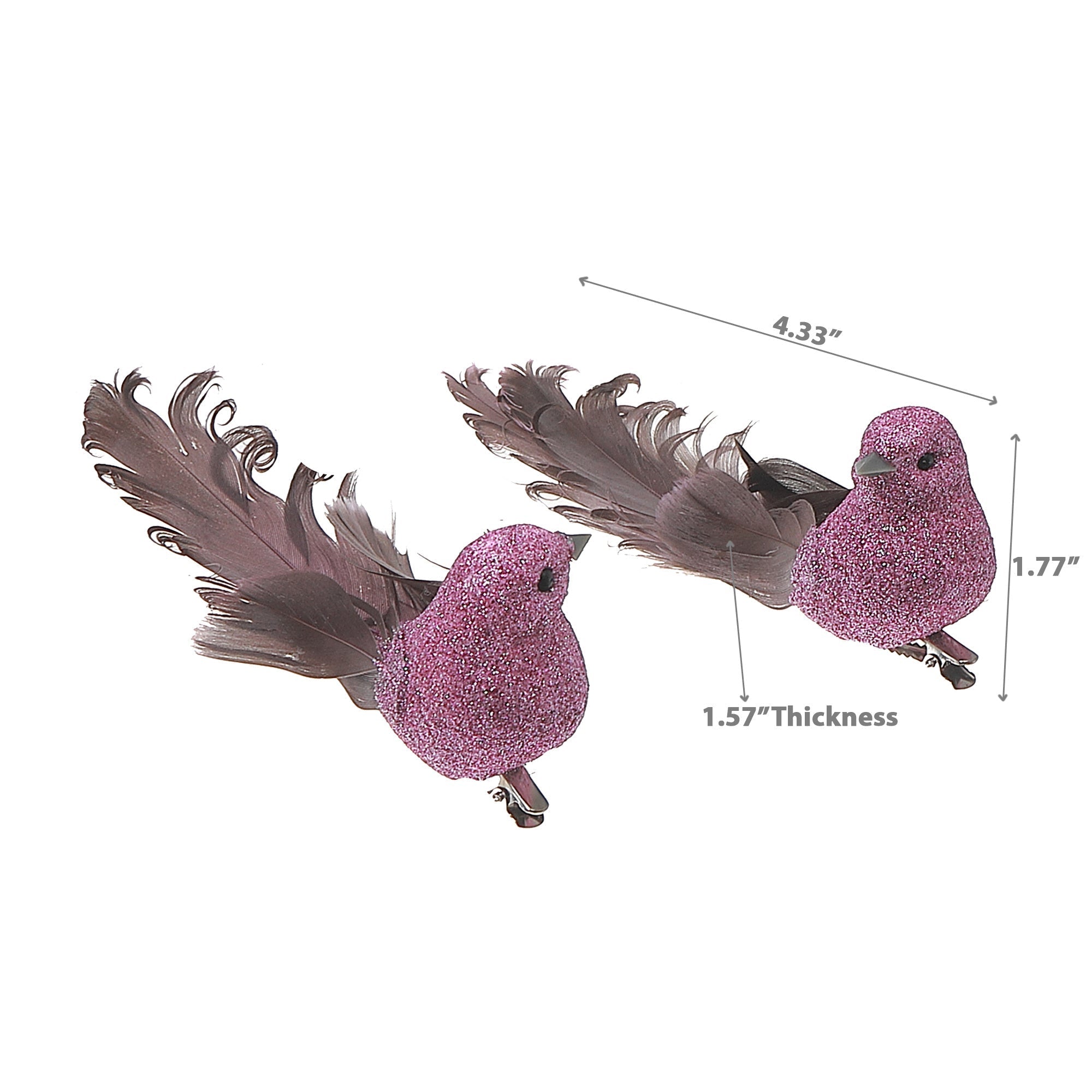 Mauve Glitter Feather Tail Bird Ornament Set of 12 – Holiday Tree Decoration