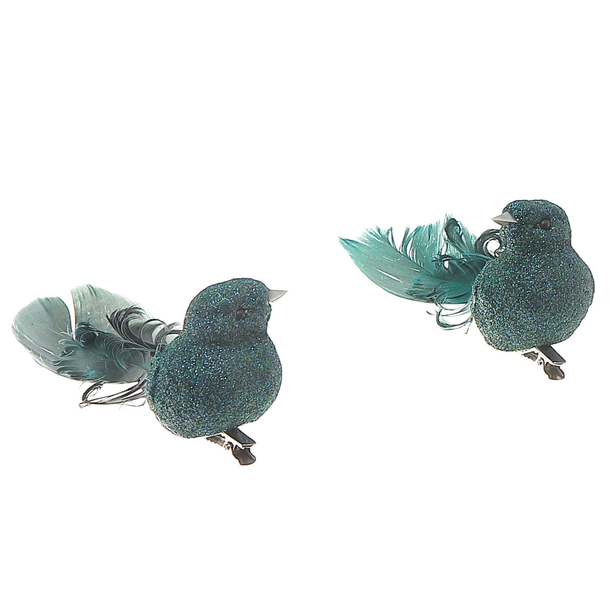 Green Glitter Feather Tail Bird Ornament Set of 12 – Holiday Tree Decoration