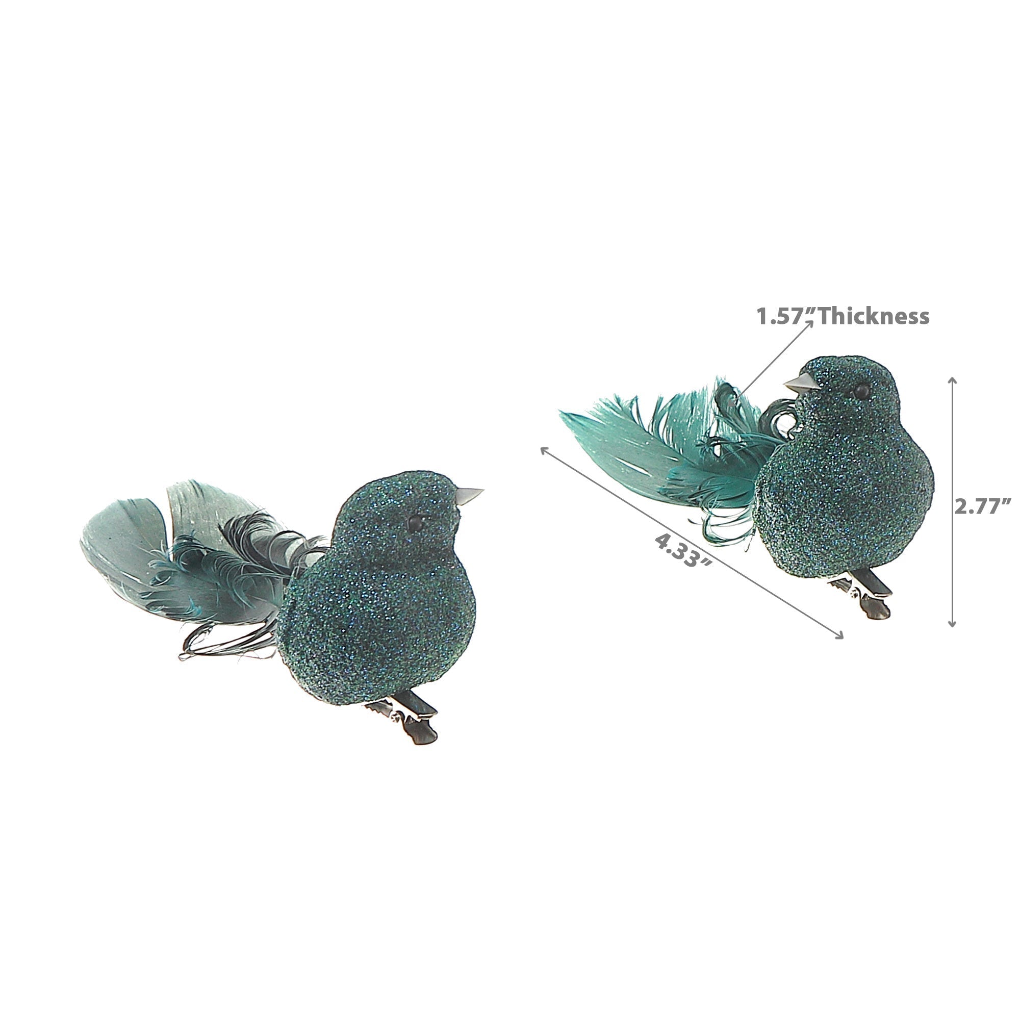 Green Glitter Feather Tail Bird Ornament Set of 12 – Holiday Tree Decoration