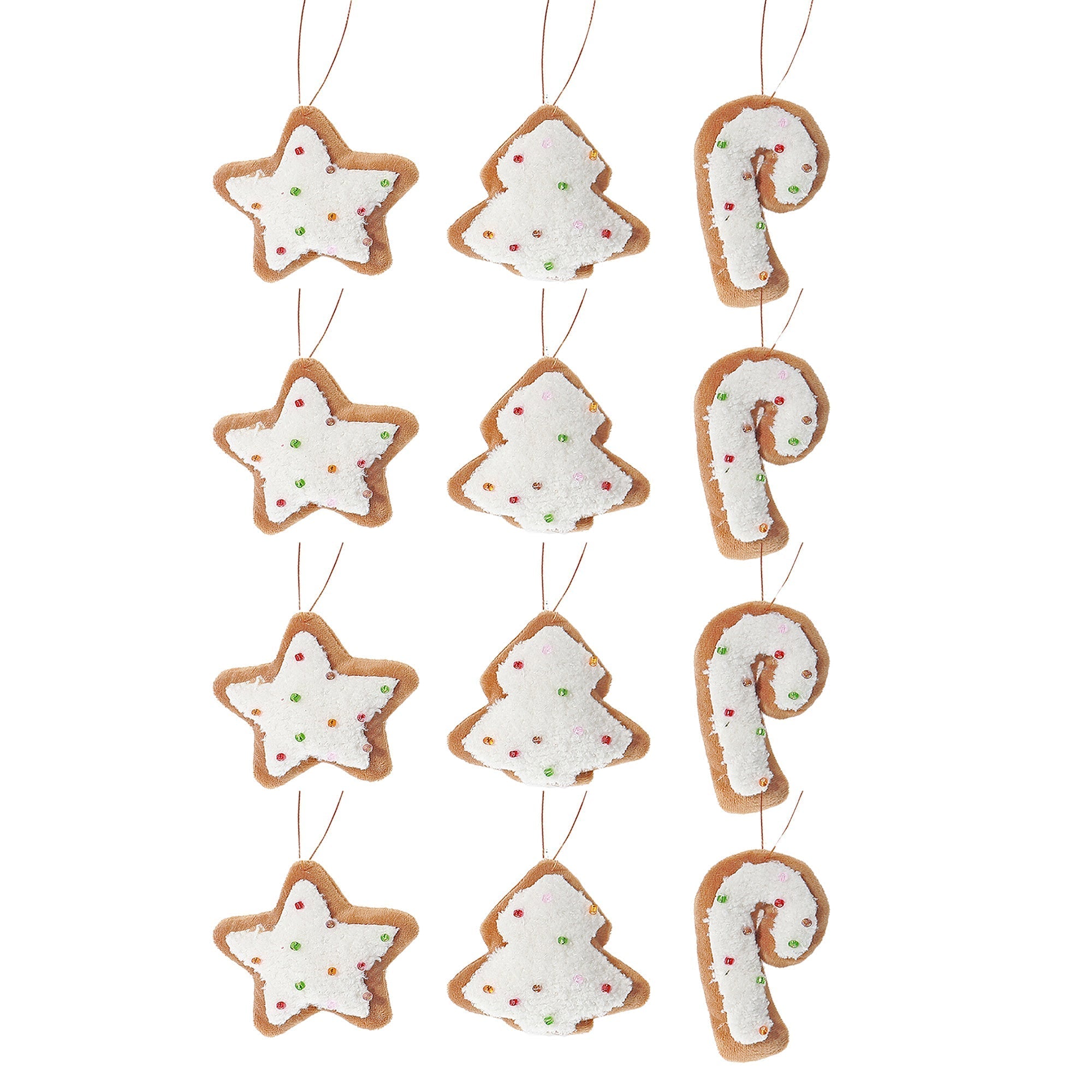Fabric Hanging Gingerbread Cookie Ornaments, Assorted Christmas Tree Decorations, Holiday Fabric Ornaments, Set of 12