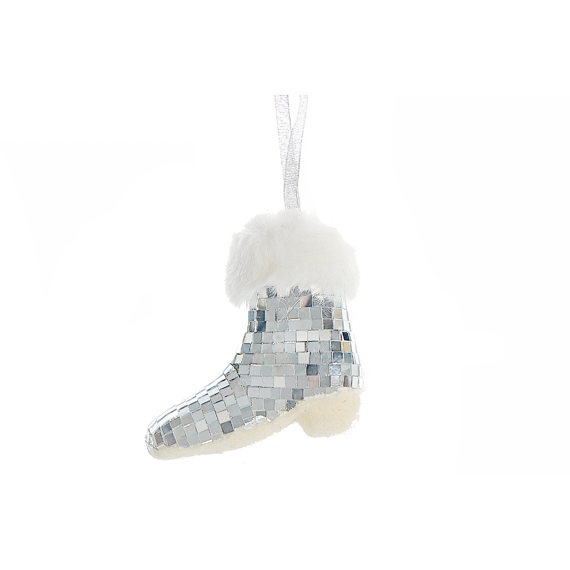 Silver Disco Hanging Boot Ornaments, Sparkly Christmas Tree Decorations, Holiday Festive Ornaments, Set of 6