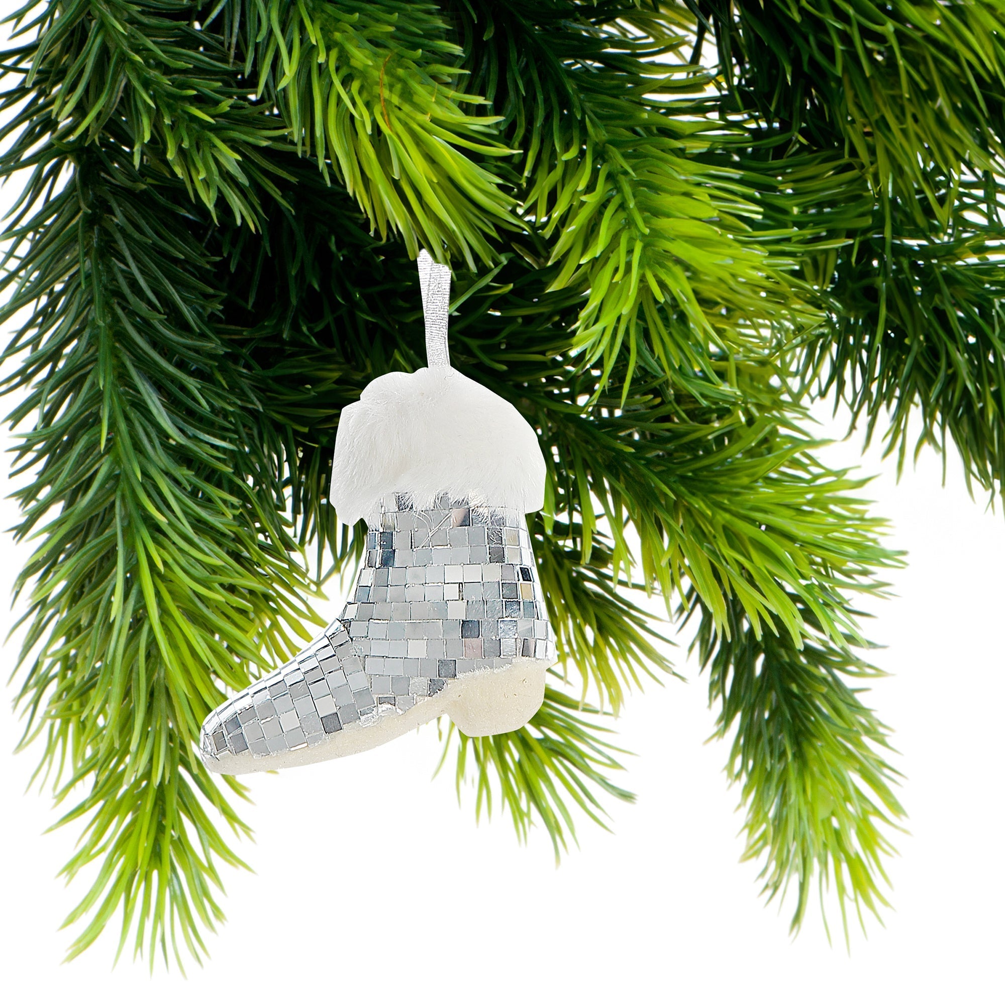 Silver Disco Hanging Boot Ornaments, Sparkly Christmas Tree Decorations, Holiday Festive Ornaments, Set of 6