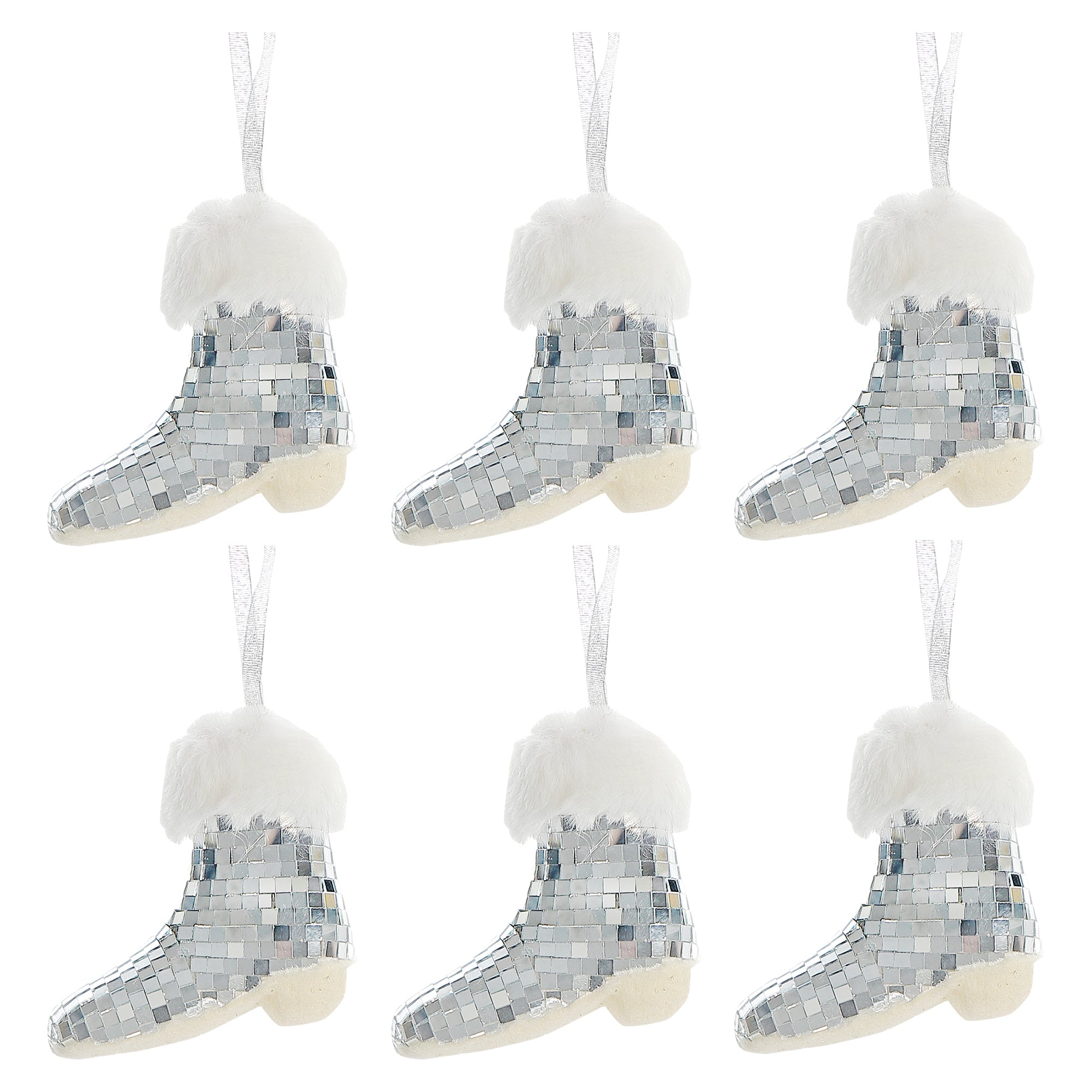 Silver Disco Hanging Boot Ornaments, Sparkly Christmas Tree Decorations, Holiday Festive Ornaments, Set of 6