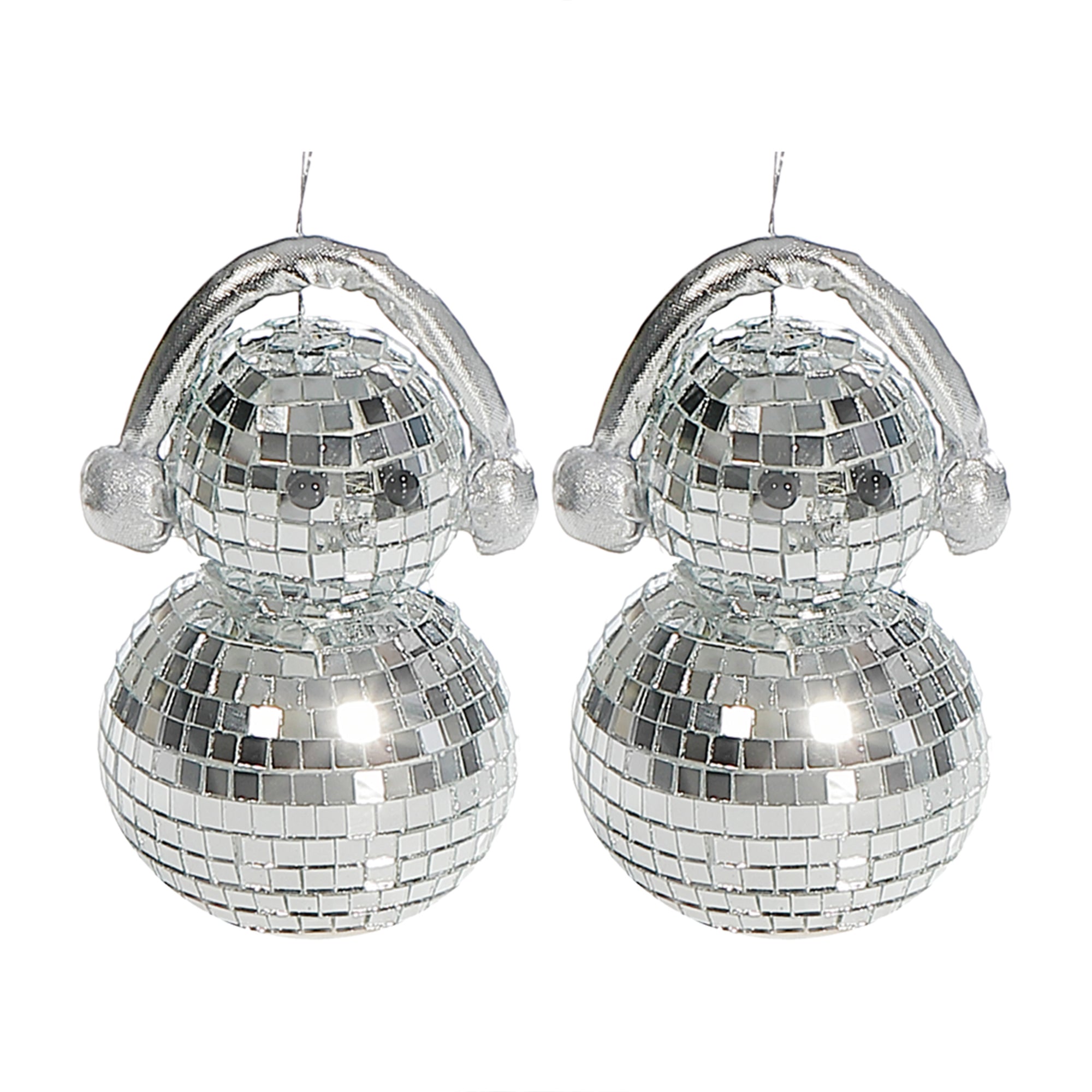Disco Snowman with Earmuffs Decor Set of 2 Silver – Christmas Tabletop Decoration, Holiday Winter Accent, Festive Indoor Figurines