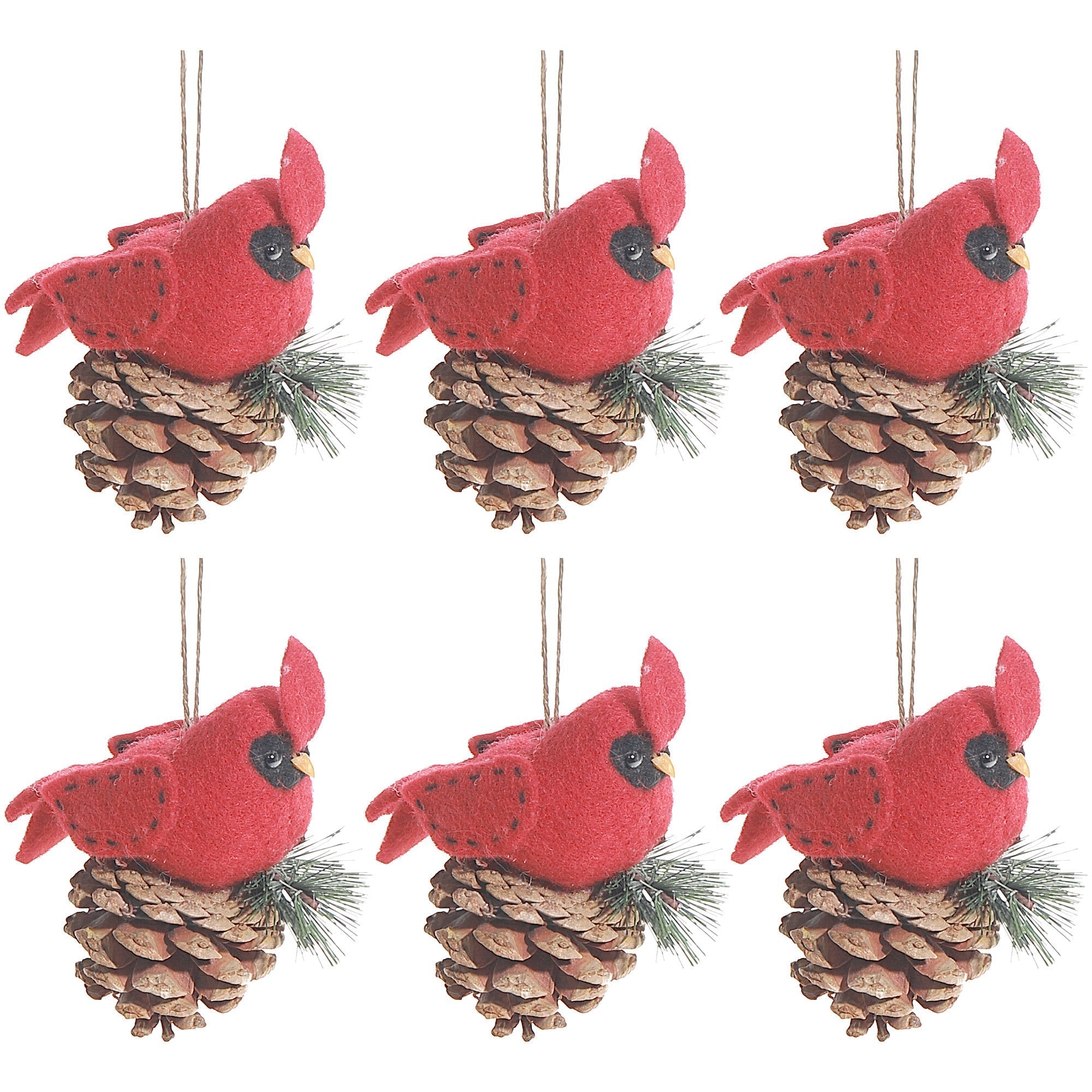 Wool Hanging Cardinal Ornaments, Holiday Christmas Tree Decorations, Felt Bird Ornaments, Set of 6
