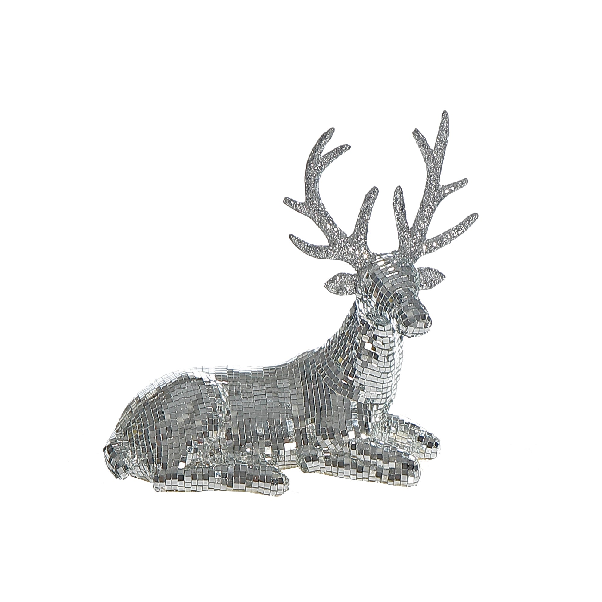 Disco Sitting Reindeer Decor Silver – Christmas Tabletop Decoration, Festive Holiday Figurine, Winter Home Accent