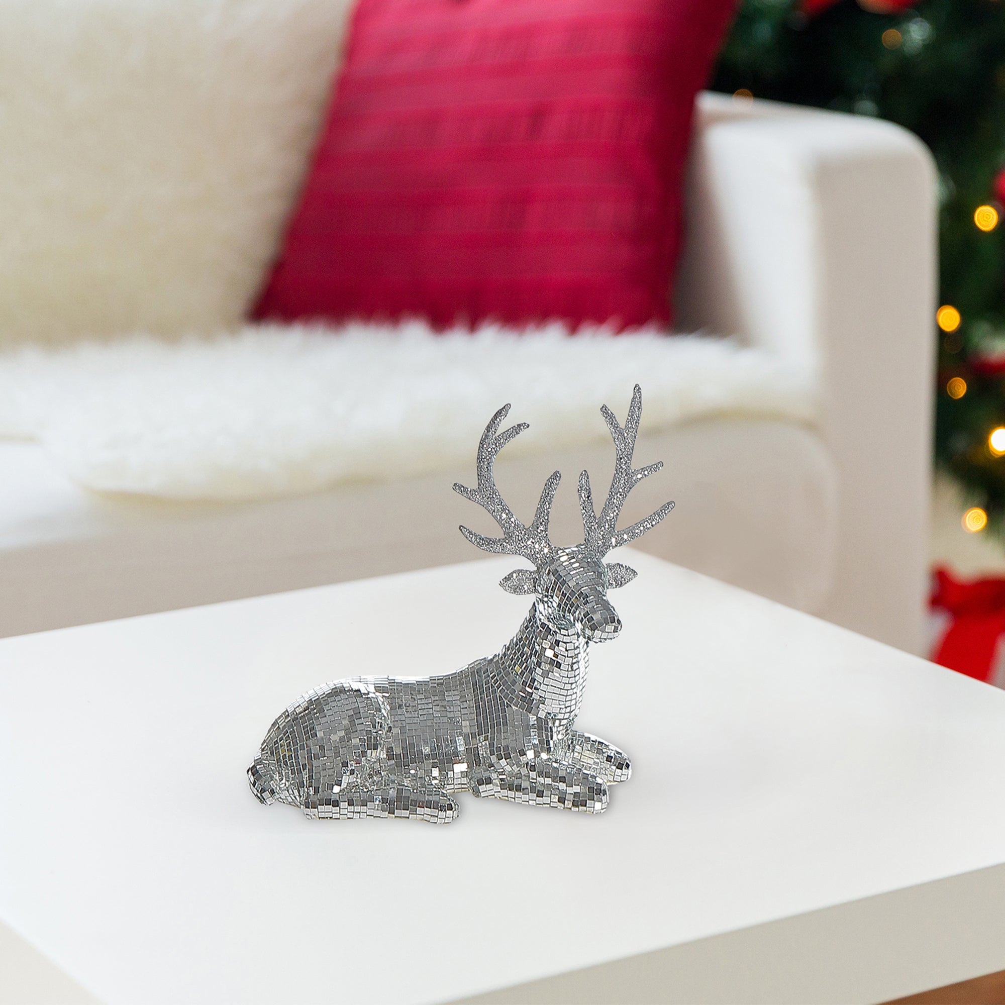 Disco Sitting Reindeer Decor Silver – Christmas Tabletop Decoration, Festive Holiday Figurine, Winter Home Accent