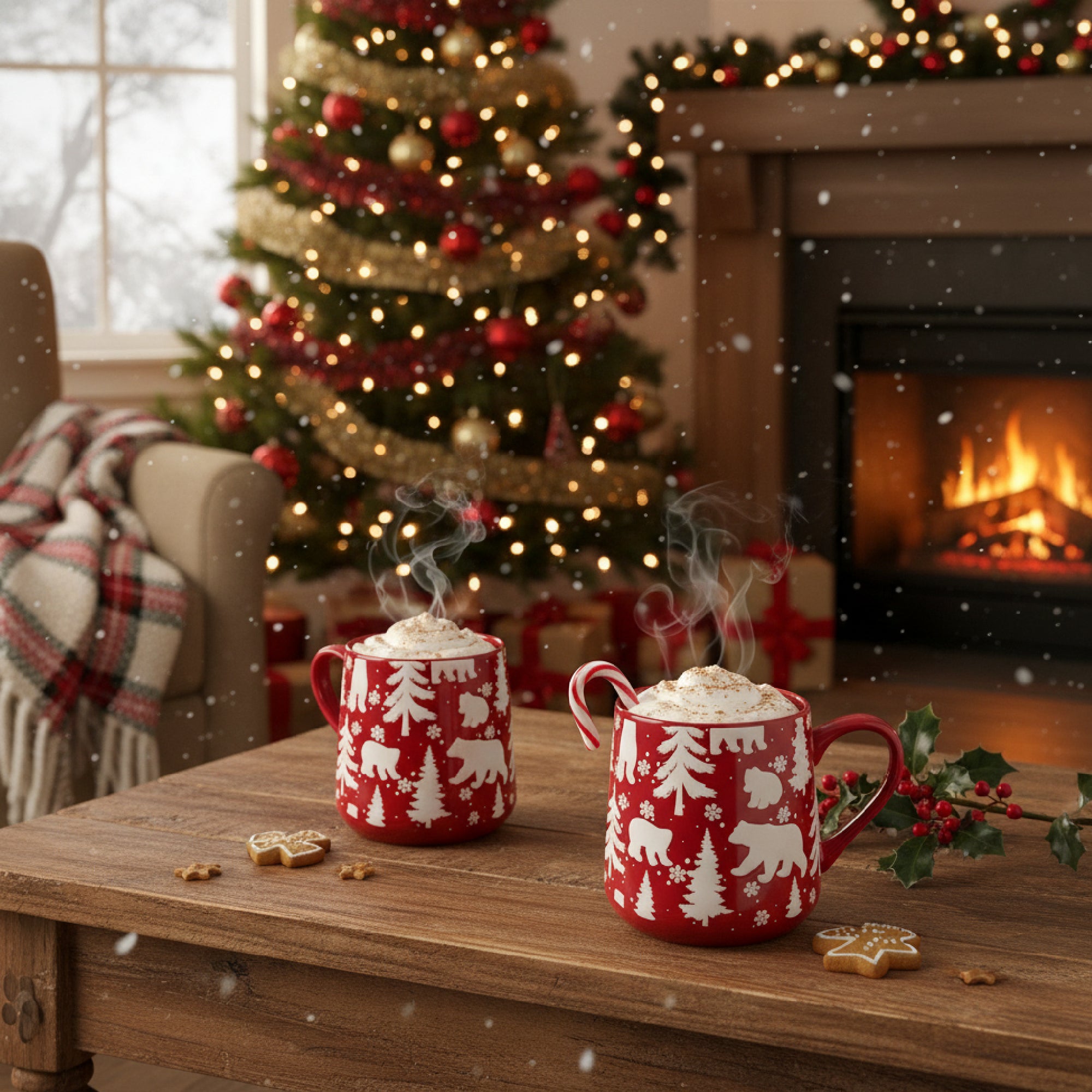15.5oz Ceramic Mug Bears & Trees Engraved Red, Coffee Mug, Holiday Decor- Set of 2