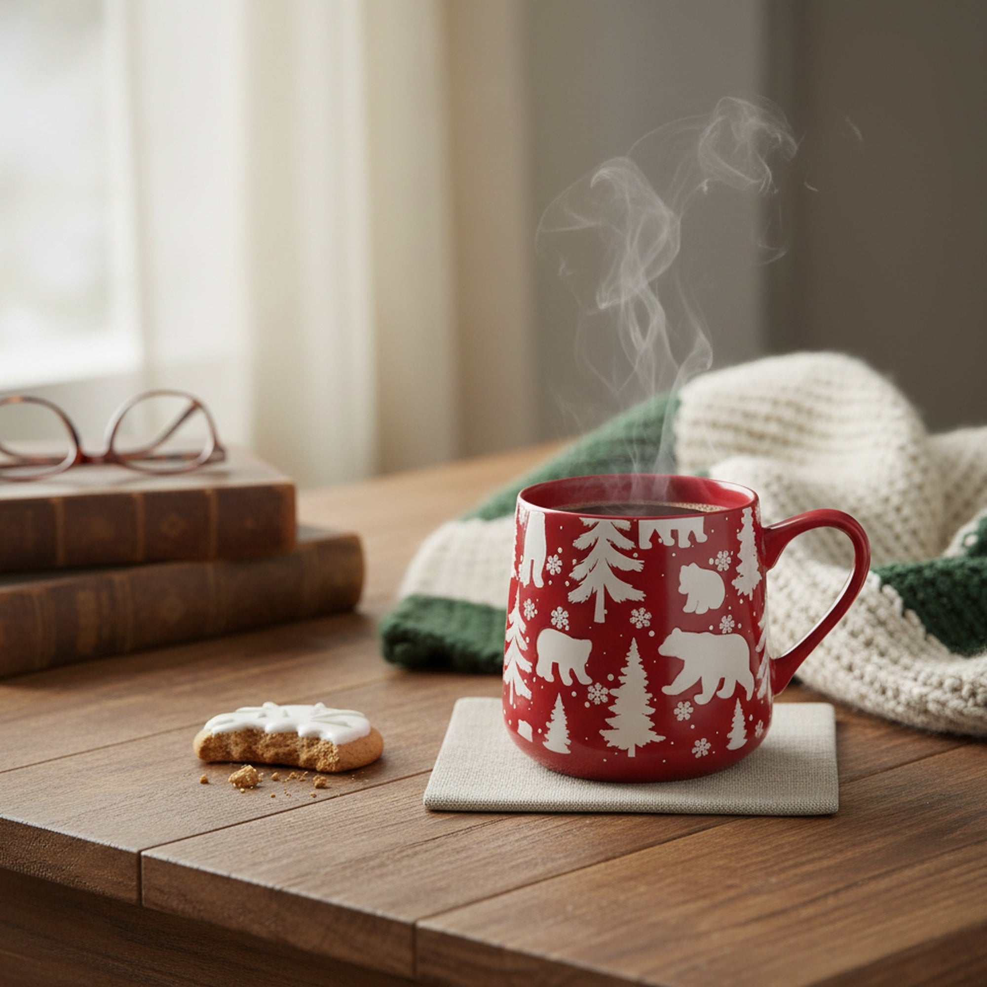 15.5oz Ceramic Mug Bears & Trees Engraved Red, Coffee Mug, Holiday Decor- Set of 2