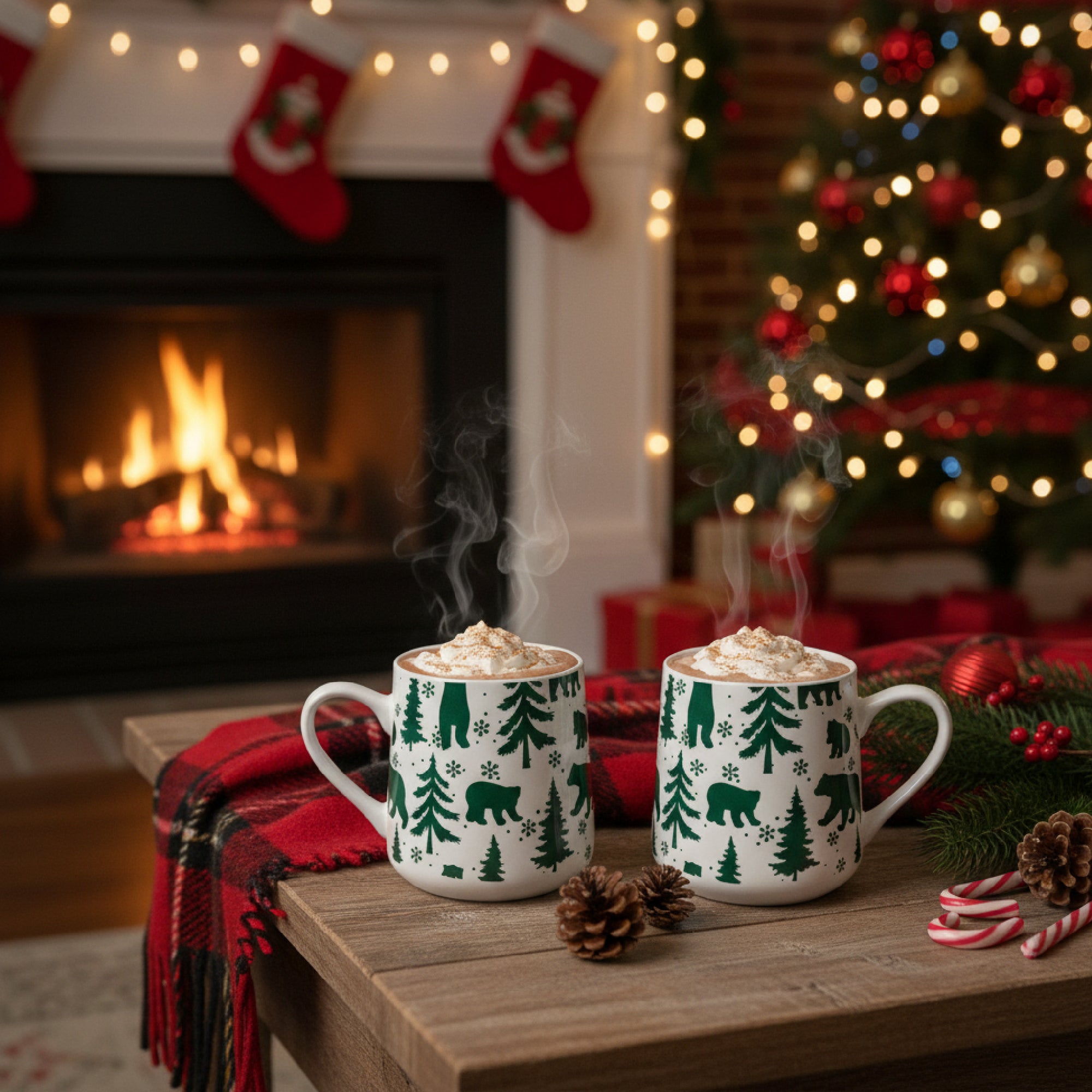 15.5oz Ceramic Mug Bears & Trees Engraved White, Coffee Mug, Holiday Decor- Set of 2