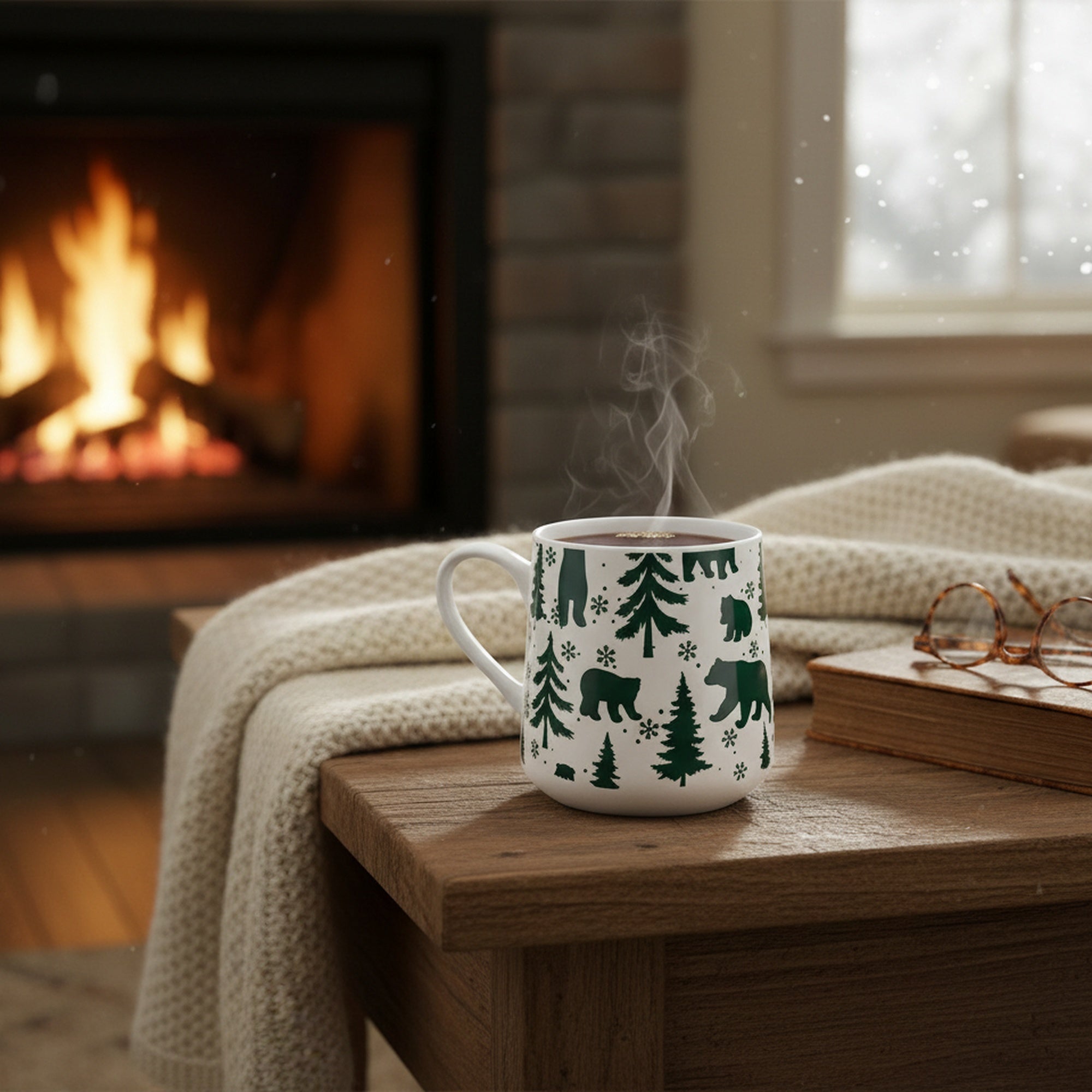 15.5oz Ceramic Mug Bears & Trees Engraved White, Coffee Mug, Holiday Decor- Set of 2