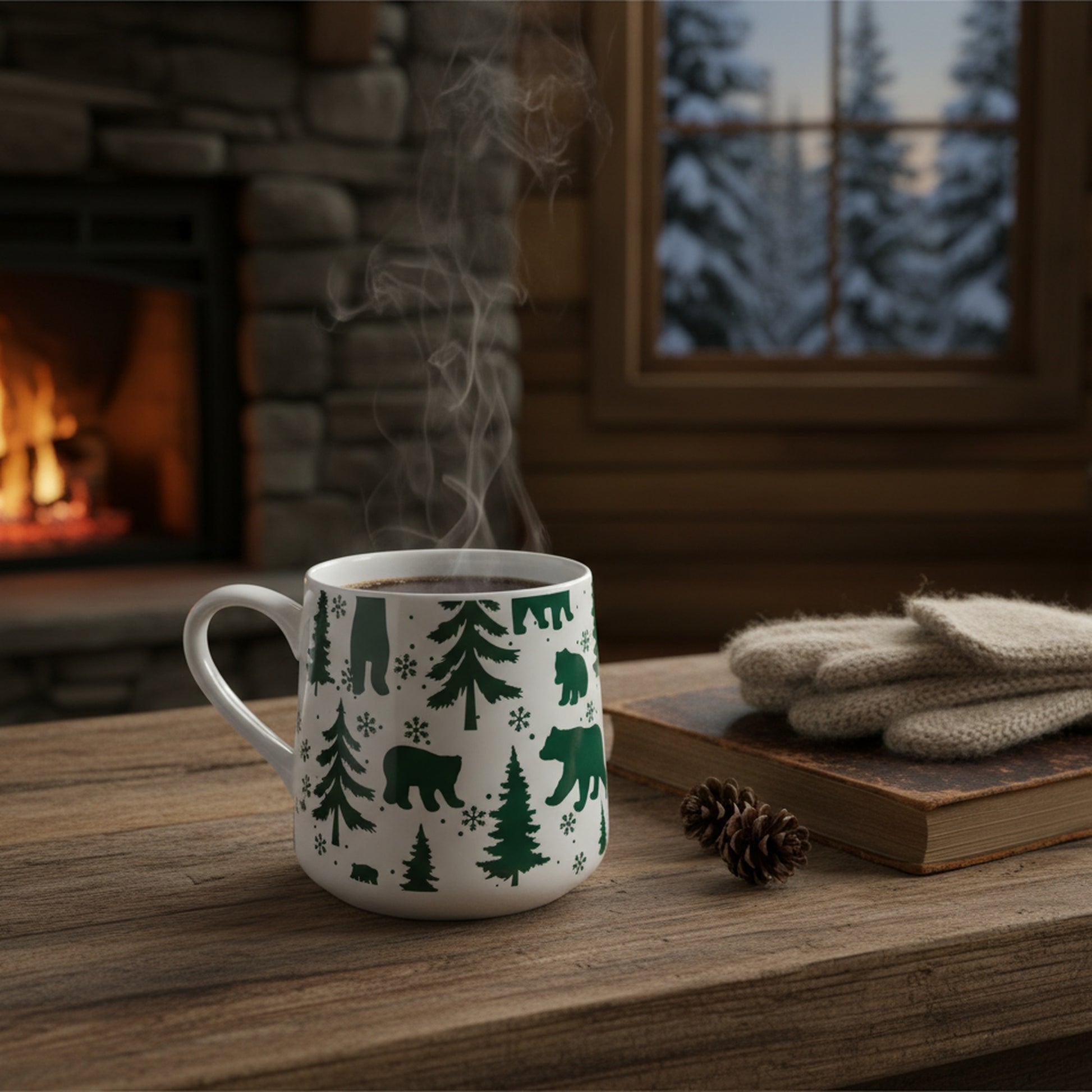 15.5oz Ceramic Mug Bears & Trees Engraved White, Coffee Mug, Holiday Decor- Set of 2