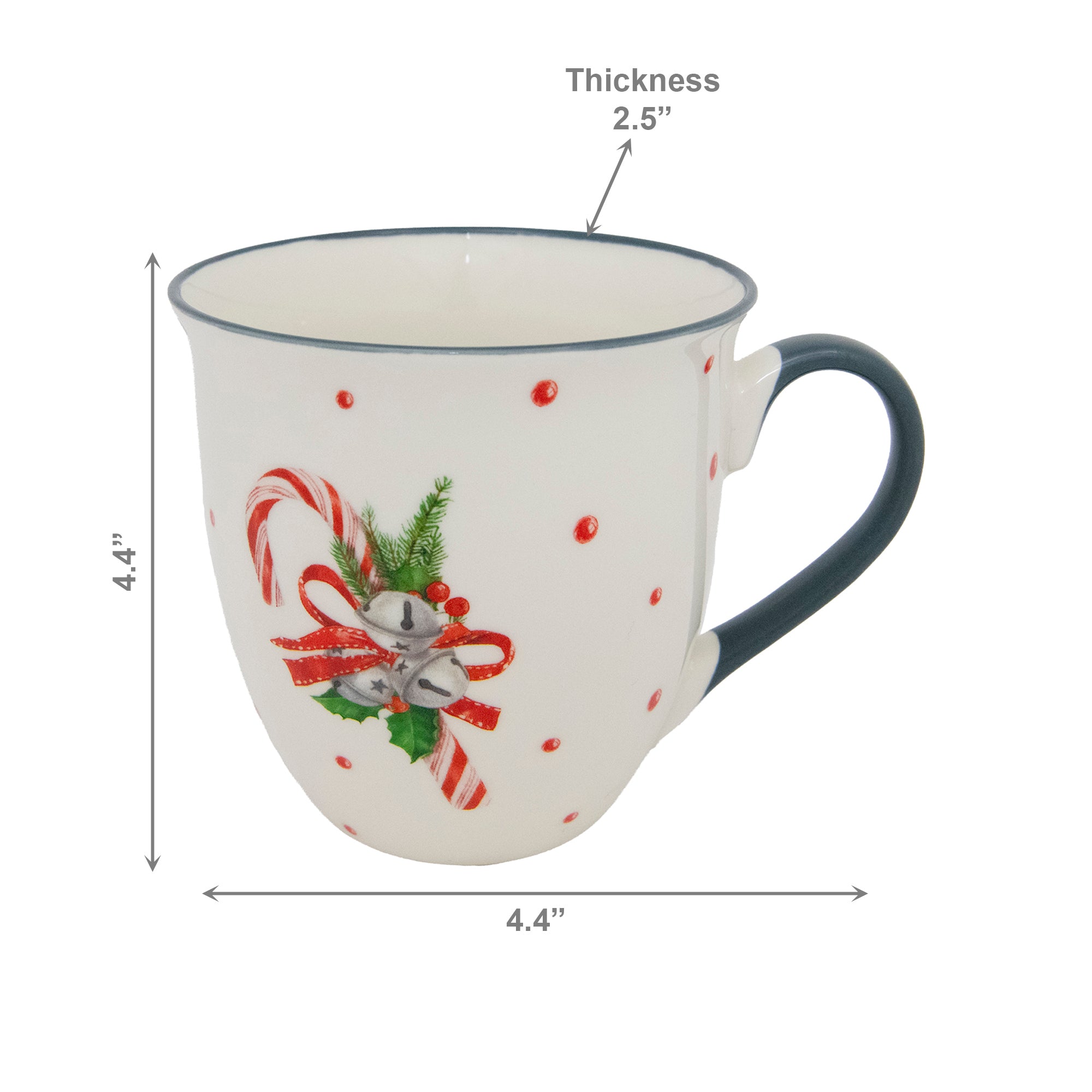 17.5oz Ceramic Mug Candy Cane with Bells, Coffee Mug, Holiday Decor- Set of 2