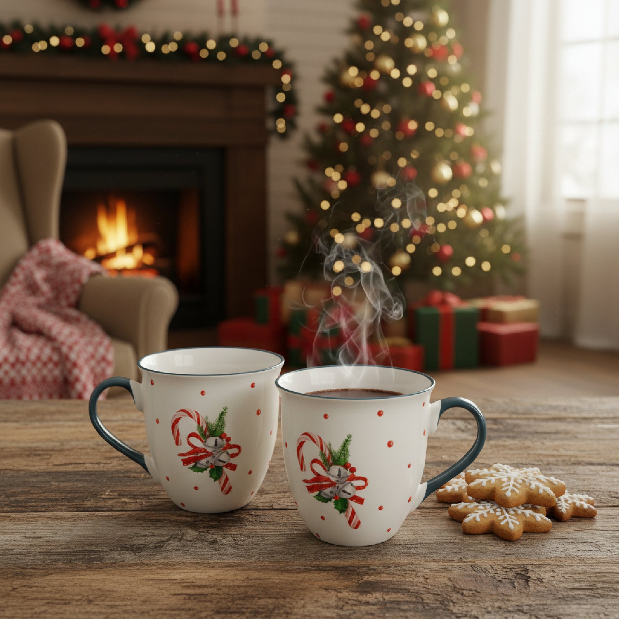 17.5oz Ceramic Mug Candy Cane with Bells, Coffee Mug, Holiday Decor- Set of 2