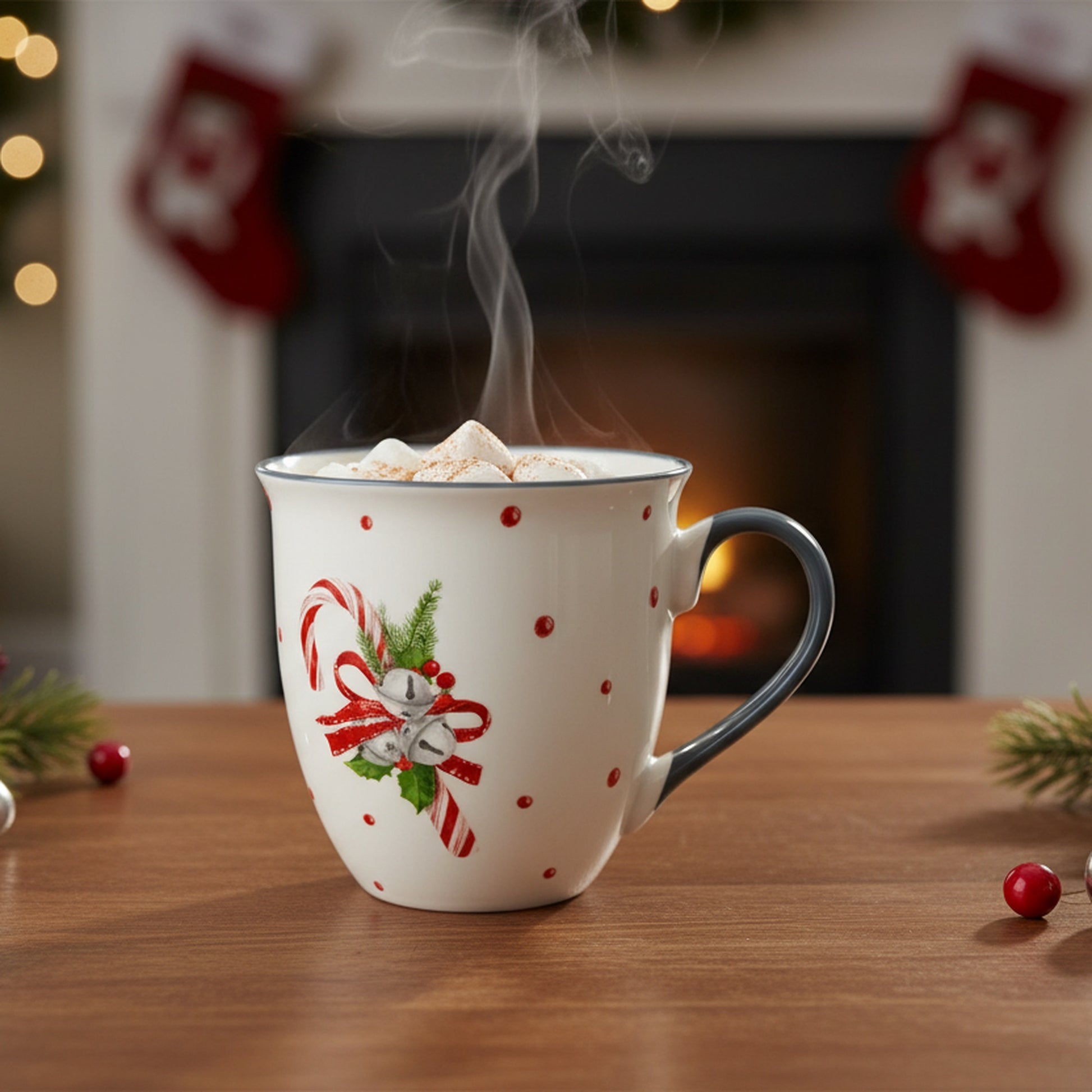 17.5oz Ceramic Mug Candy Cane with Bells, Coffee Mug, Holiday Decor- Set of 2
