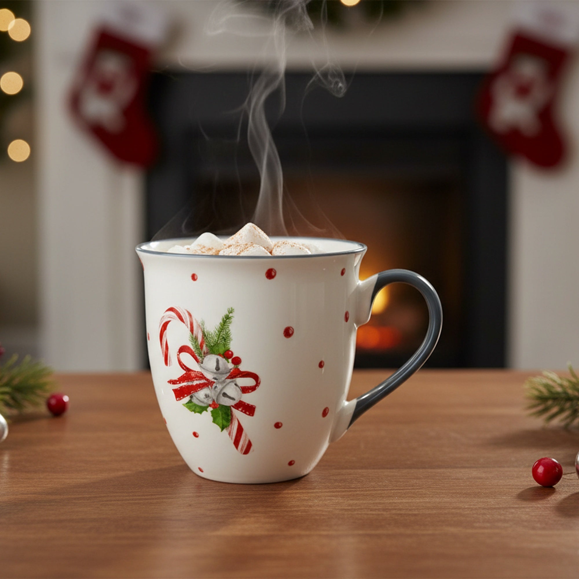 17.5oz Ceramic Mug Candy Cane with Bells, Coffee Mug, Holiday Decor- Set of 2