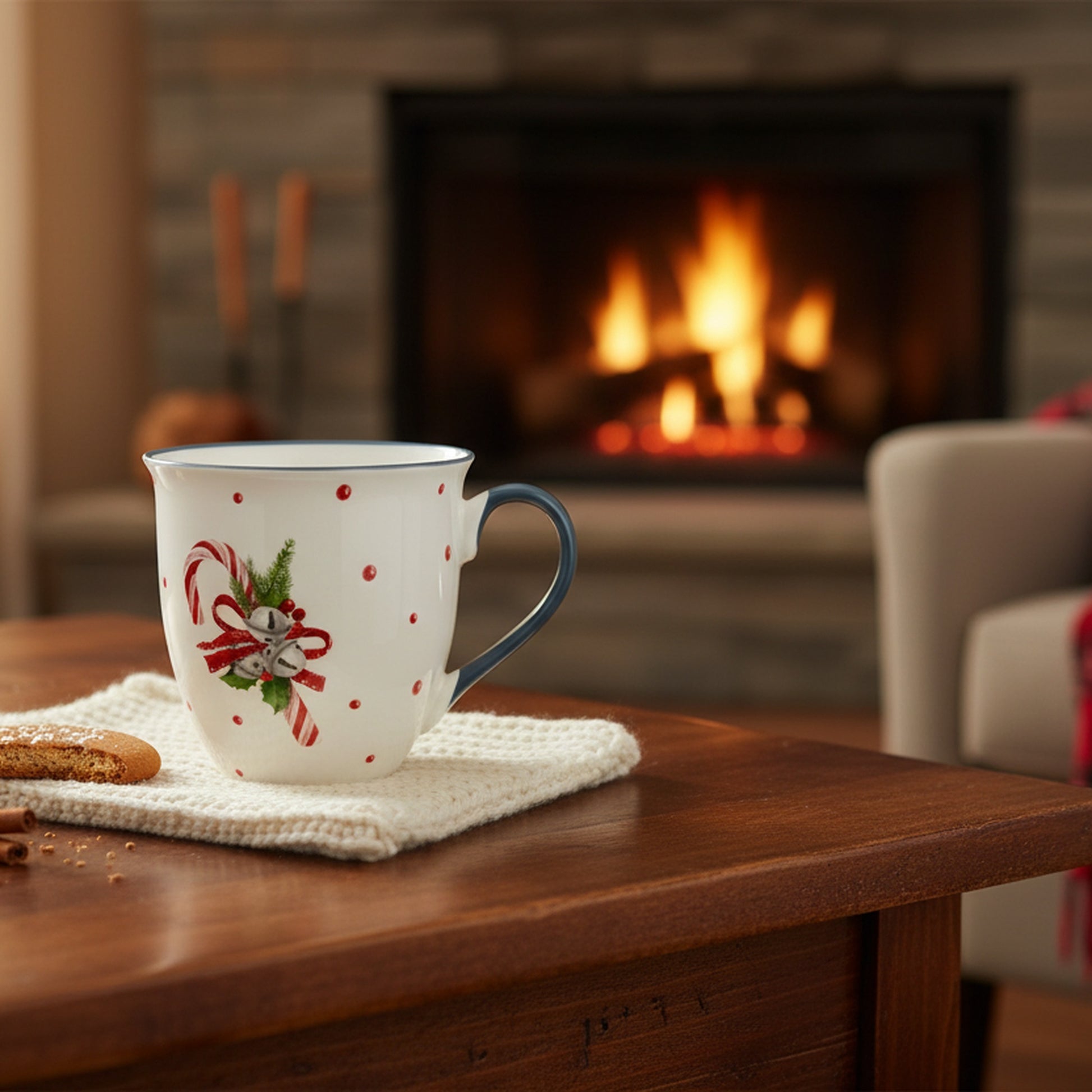 17.5oz Ceramic Mug Candy Cane with Bells, Coffee Mug, Holiday Decor- Set of 2