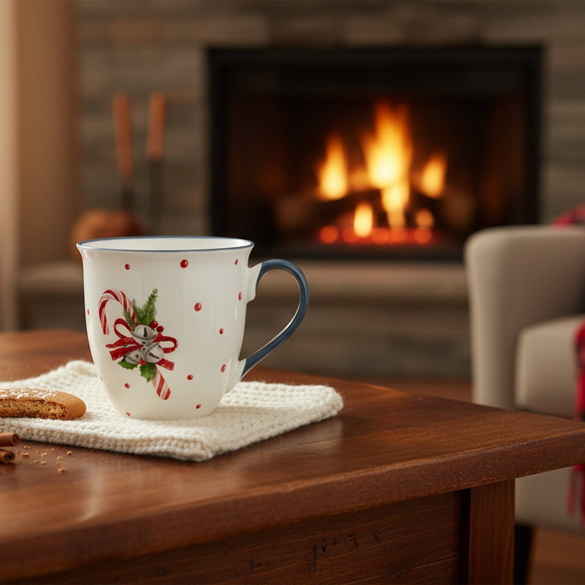 17.5oz Ceramic Mug Candy Cane with Bells, Coffee Mug, Holiday Decor- Set of 2