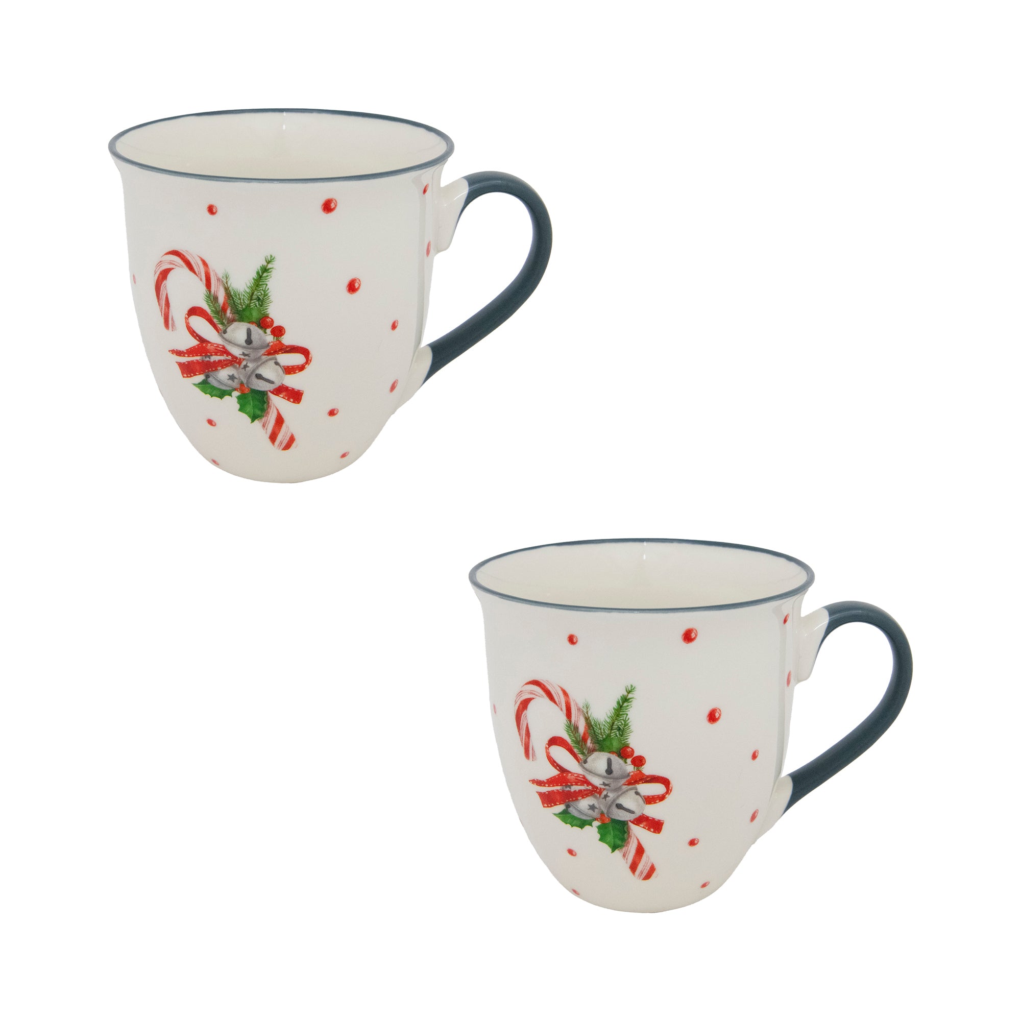 17.5oz Ceramic Mug Candy Cane with Bells, Coffee Mug, Holiday Decor- Set of 2
