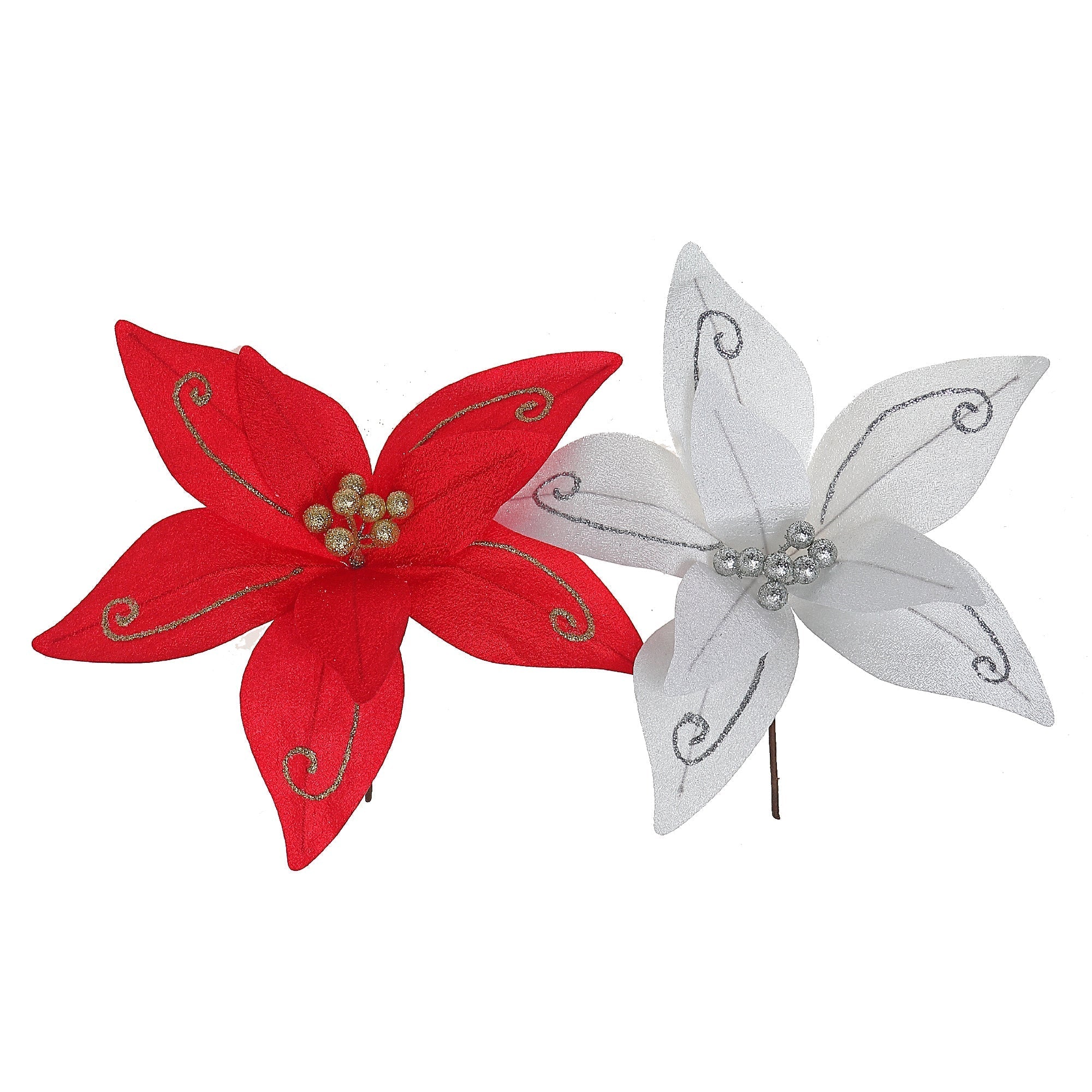 Glitter Swirl Poinsettia Pick Assorted Christmas Floral Decoration Picks - Set of 12