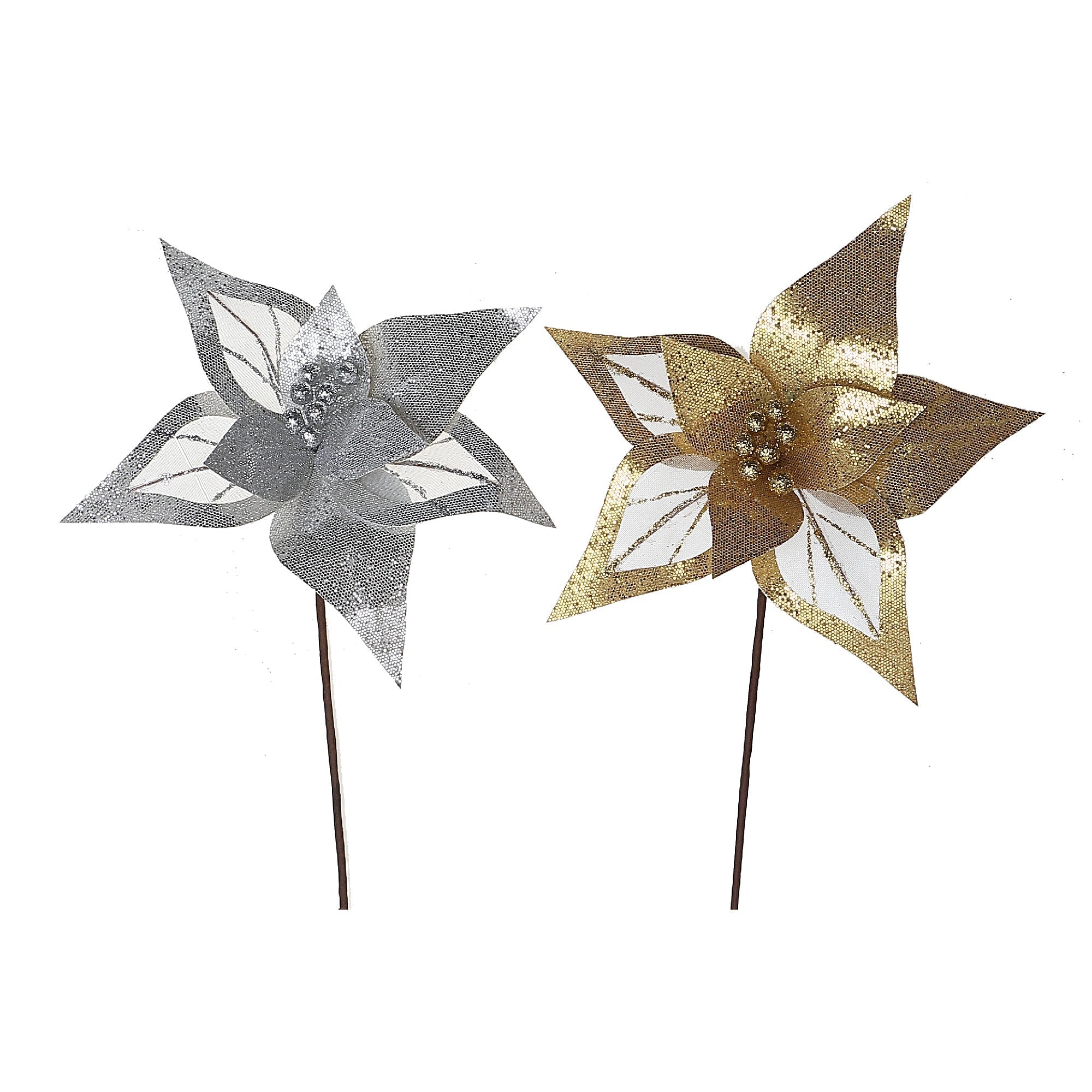 Transparent Border Glitter Poinsettia Pick Assorted Christmas Floral Picks - Set of 6